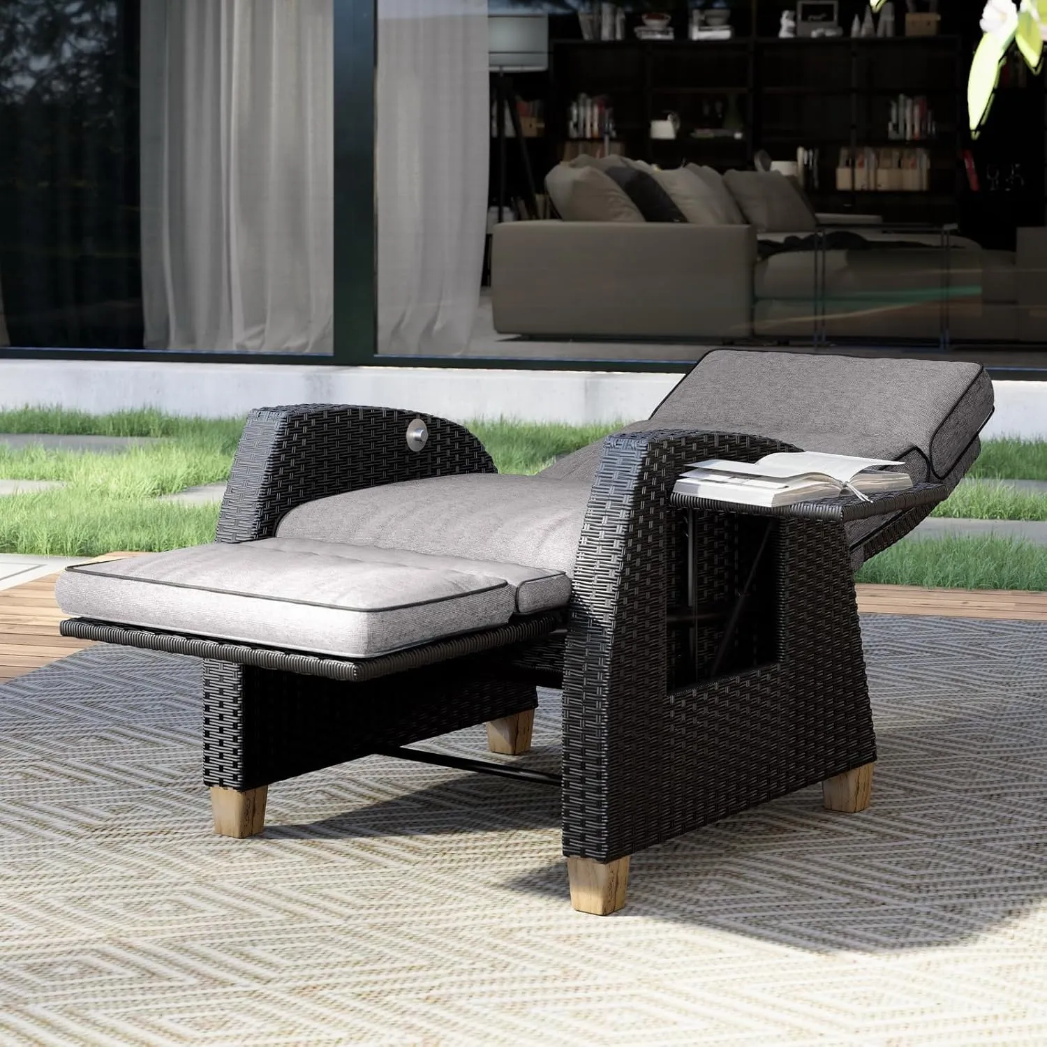 Grand patio Outdoor Reclining Chairs with Extended Footrest Adjustable WickerPatio Lounge Recliner up to 15 with Flip Side Table, Cool Grey