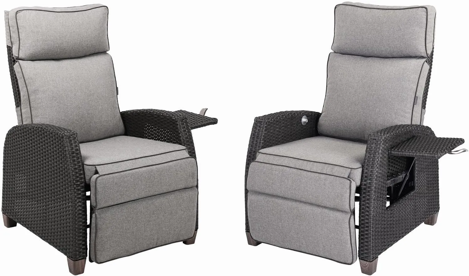 Grand patio Outdoor Reclining Chairs with Extended Footrest Adjustable WickerPatio Lounge Recliner up to 15 with Flip Side Table, Cool Grey