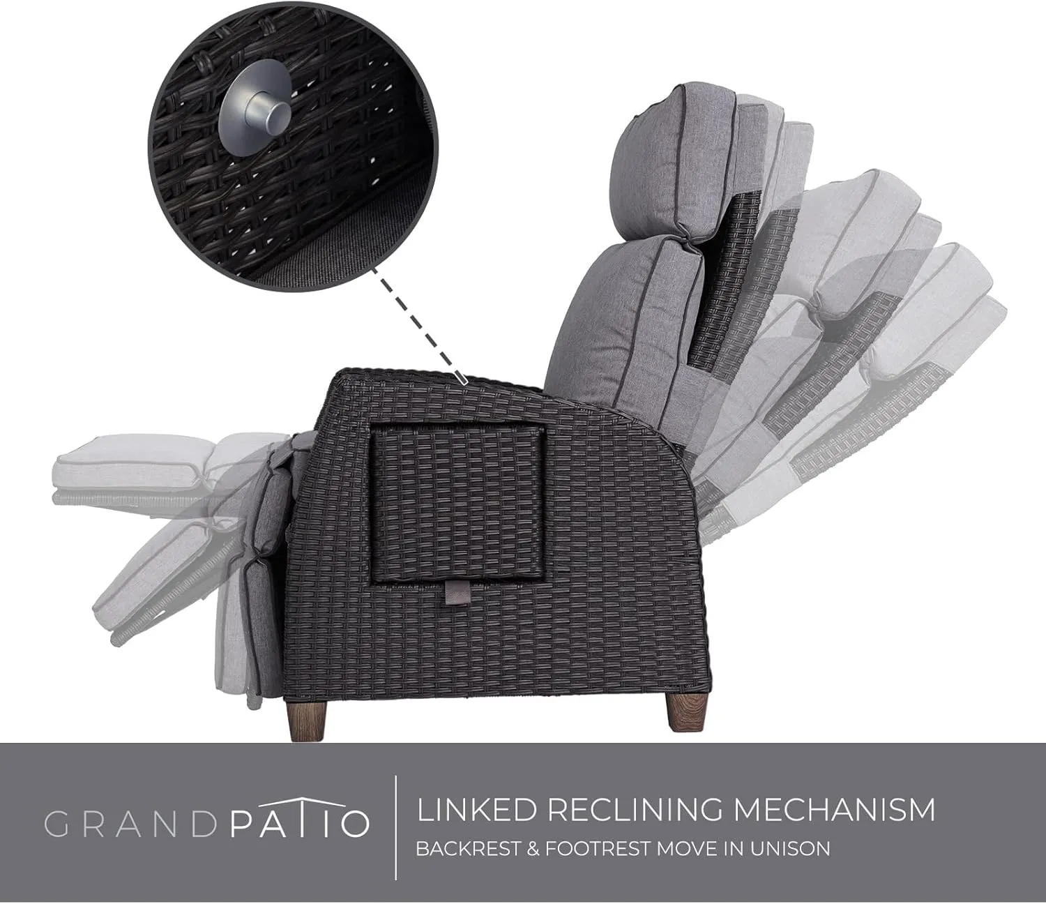 Grand patio Outdoor Reclining Chairs with Extended Footrest Adjustable WickerPatio Lounge Recliner up to 15 with Flip Side Table, Cool Grey