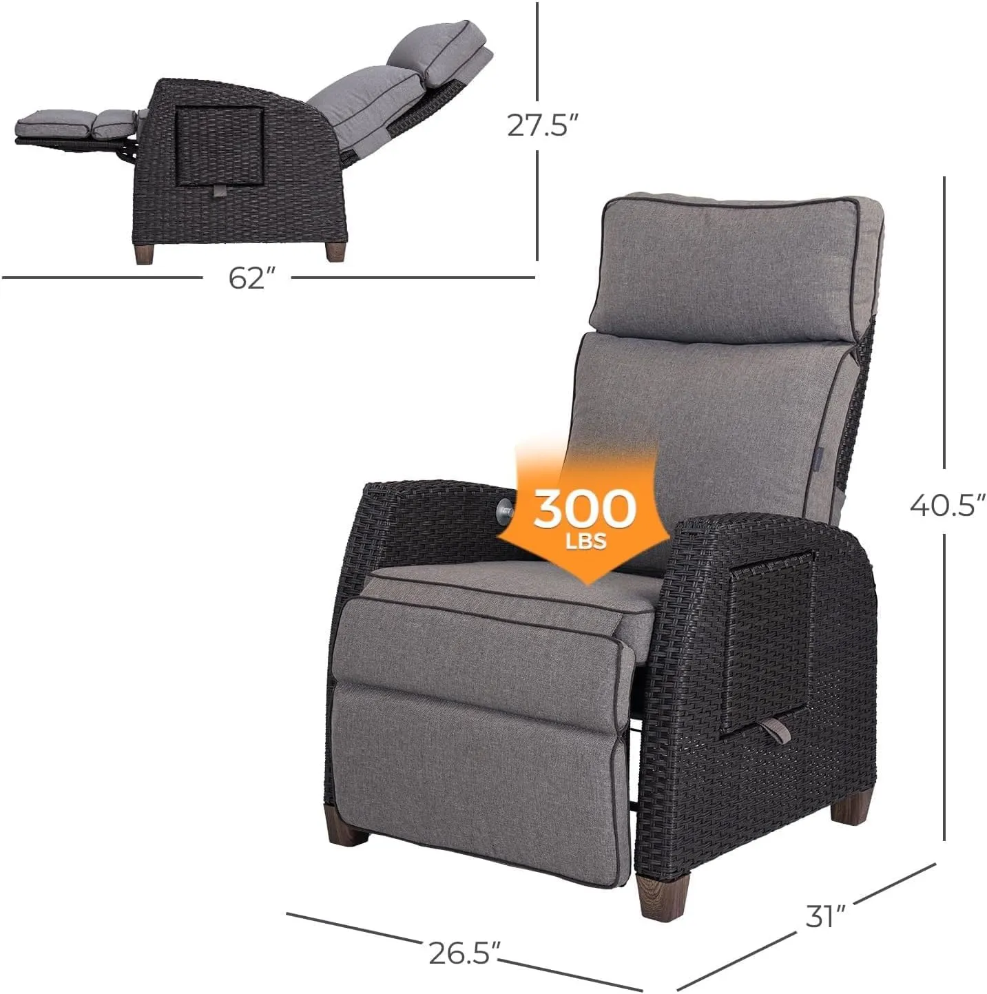 Grand patio Outdoor Reclining Chairs with Extended Footrest Adjustable WickerPatio Lounge Recliner up to 15 with Flip Side Table, Cool Grey