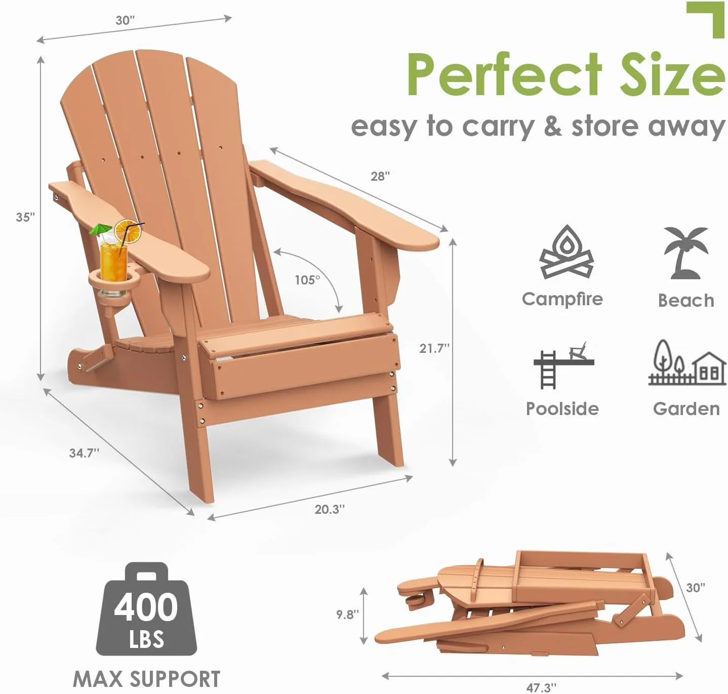 GREENVINES Folding-Adirondack-Chairs-Set-of-2 | HDPE Plastic | Fire Pit Chair | All Weather | Cup Holder | Teak | for Deck Backyard Patio Outdoor Garden