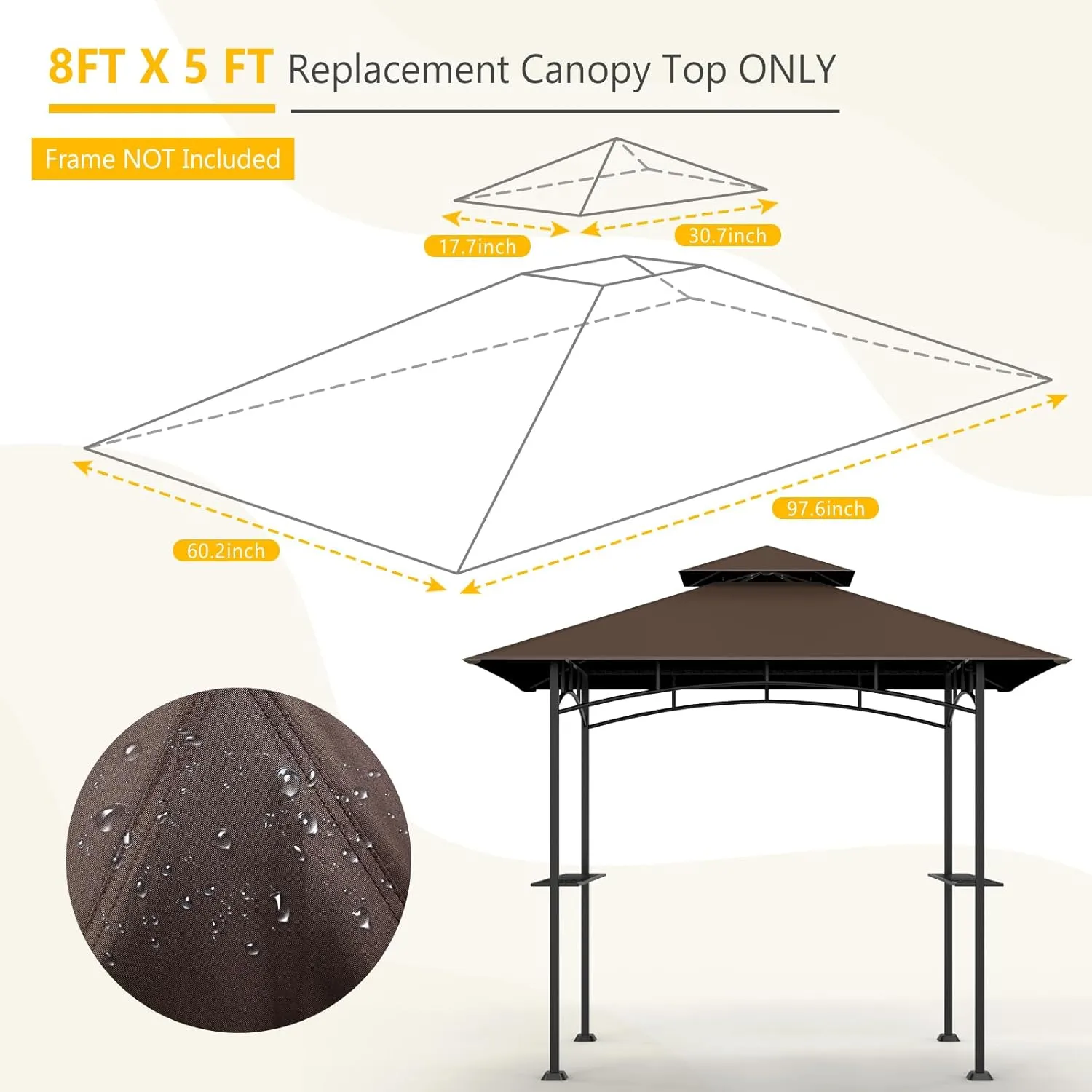 Grill Gazebo Replacement Canopy Top, 5'x8' Top Double Tiered Replacement Canopy Roof, Grill Shelter Cover Roof Fit for Gazebo Model L-GG001PST-F (Brown)