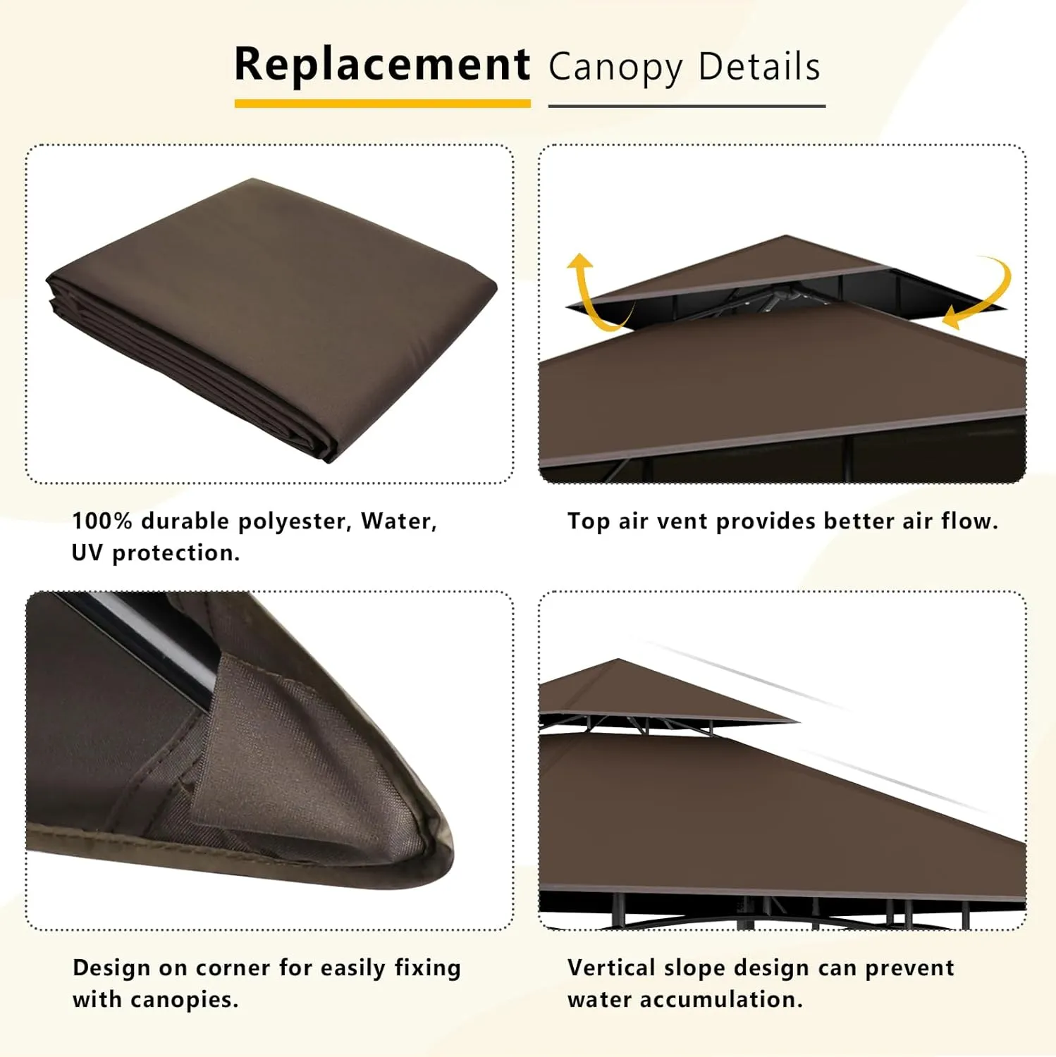 Grill Gazebo Replacement Canopy Top, 5'x8' Top Double Tiered Replacement Canopy Roof, Grill Shelter Cover Roof Fit for Gazebo Model L-GG001PST-F (Brown)