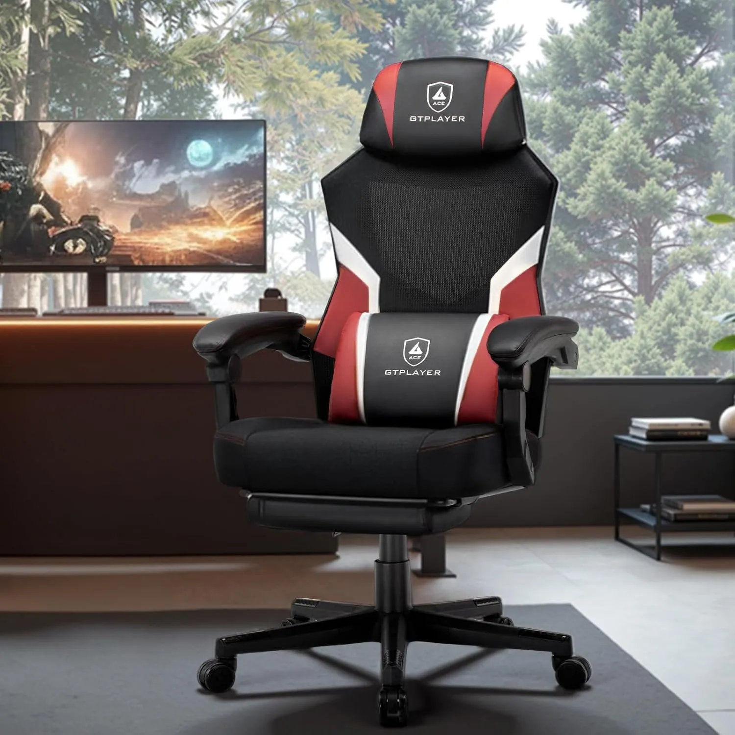 GTPLAYER Gaming Chair, Breathable Mesh Game Chair with Wider Cushion, Ergonomic Gamer Chair with Lumbar Support and Footrest, Height Adjustable Computer Office Chair for Adults (Red)
