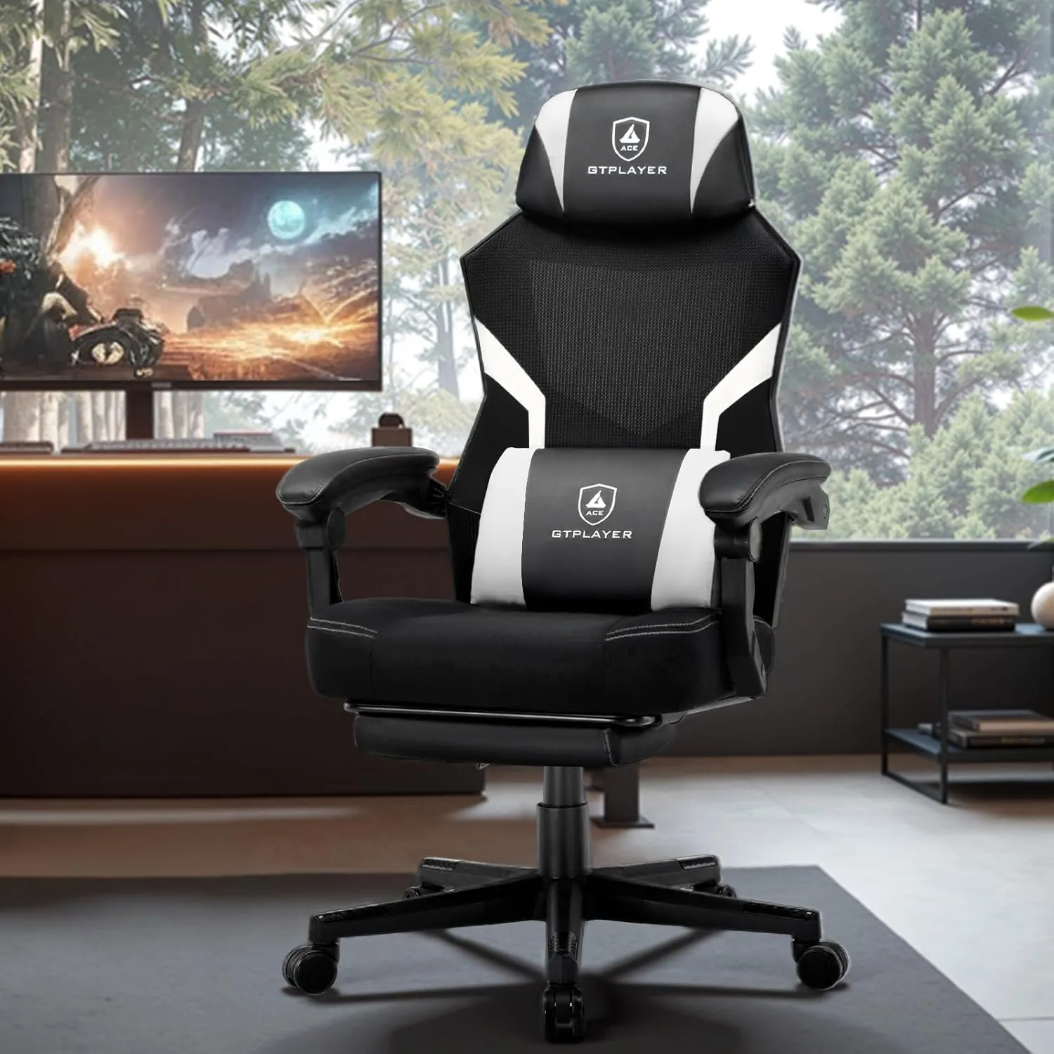 GTPLAYER Gaming Chair, Breathable Mesh Game Chair with Wider Cushion, Ergonomic Gamer Chair with Lumbar Support and Footrest, Height Adjustable Computer Office Chair for Adults(White)