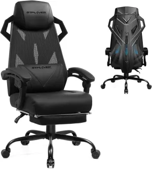 GTPLAYER Gaming Chair, Computer Chair with Mesh Back, Ergonomic Office Chair with Footrest, Reclining Game Chair with Adjustable Headrest and Lumbar Support for Gaming and Office (Black)