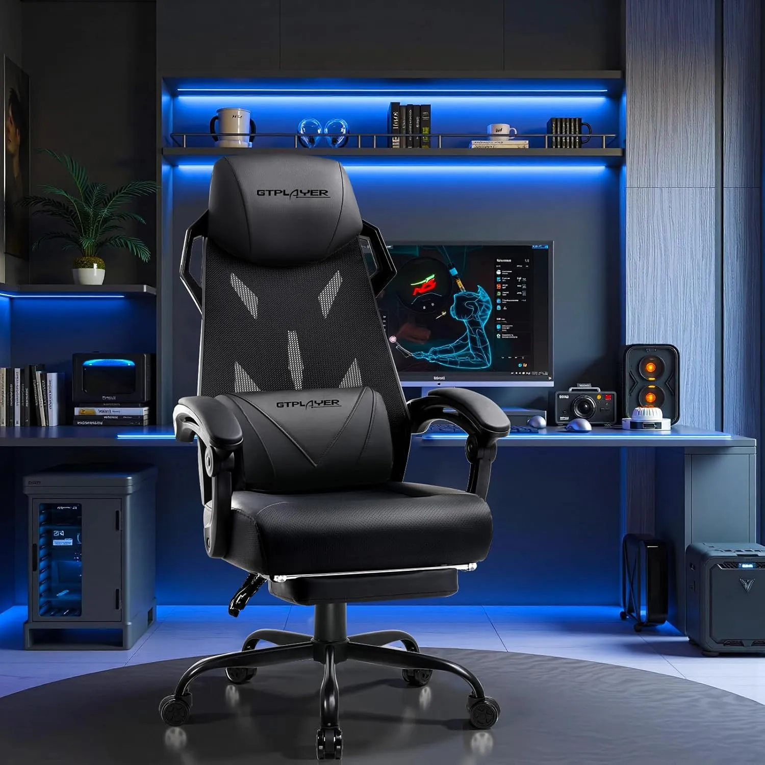 GTPLAYER Gaming Chair, Computer Chair with Mesh Back, Ergonomic Office Chair with Footrest, Reclining Game Chair with Adjustable Headrest and Lumbar Support for Gaming and Office (Black)