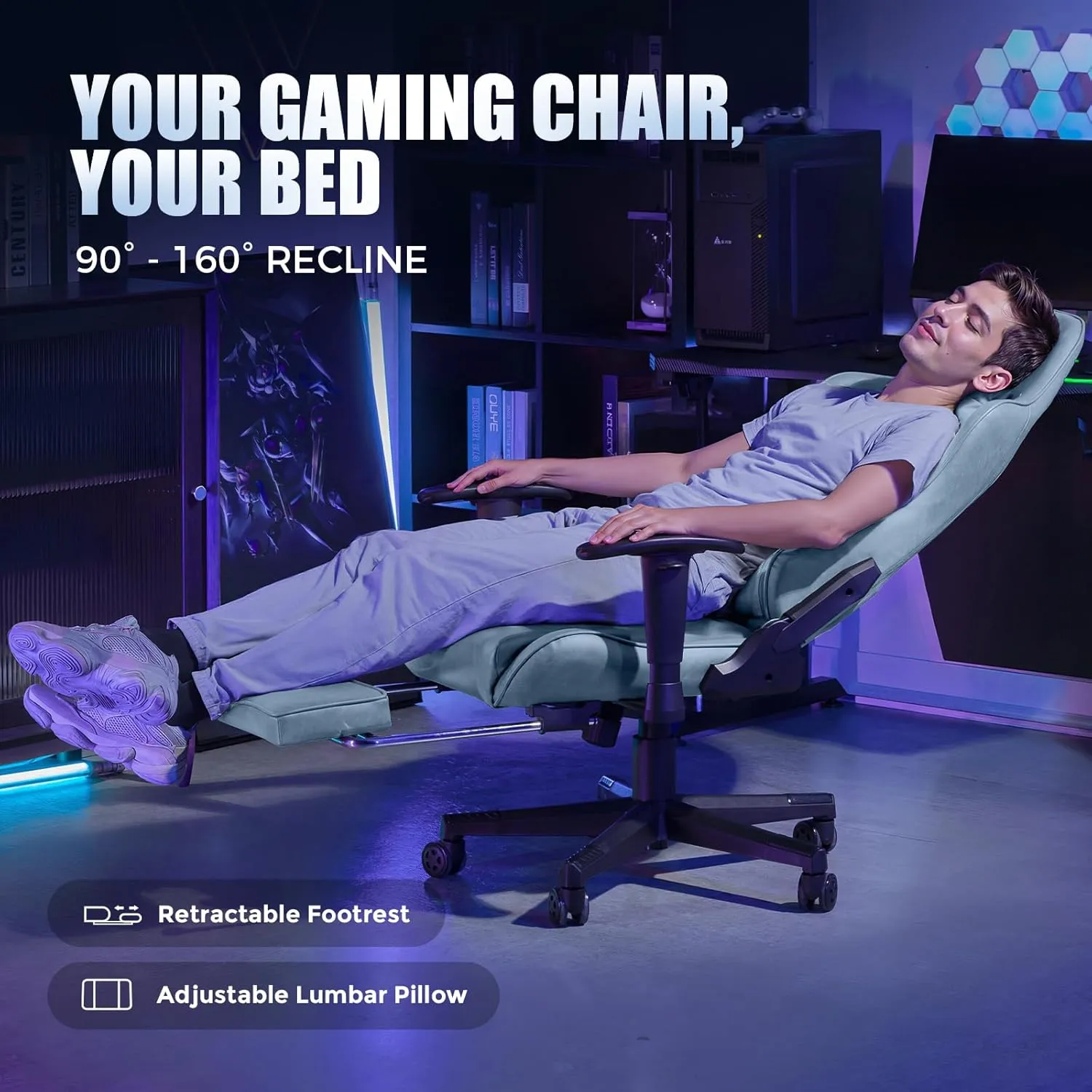 GTRACING Gaming Chair Breathable Fabric, Racing Style Computer Chair for Adult, Adjustable Reclining Backrest and Lumbar Support, Stylish High Back Chair for Gaming and Office (Light Blue)