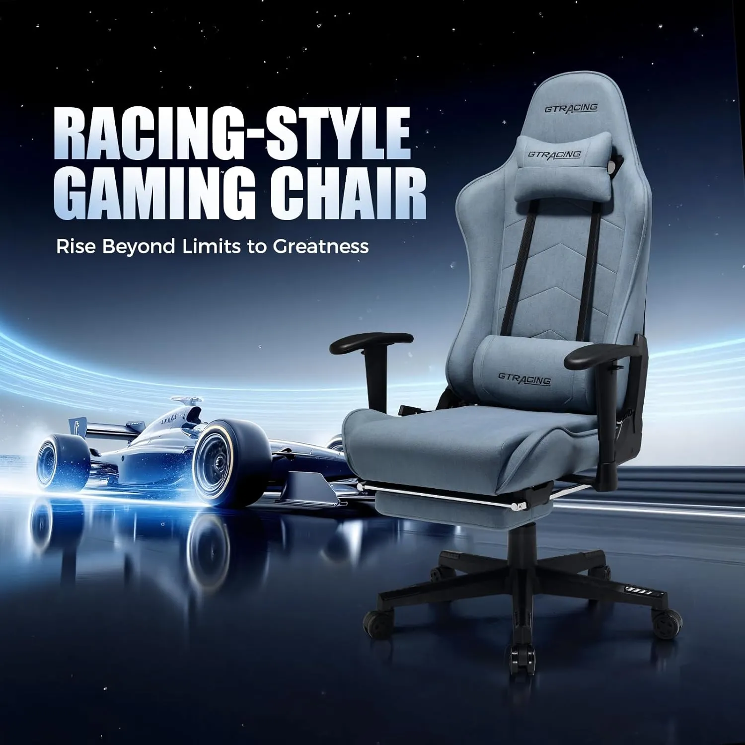 GTRACING Gaming Chair Breathable Fabric, Racing Style Computer Chair for Adult, Adjustable Reclining Backrest and Lumbar Support, Stylish High Back Chair for Gaming and Office (Light Blue)