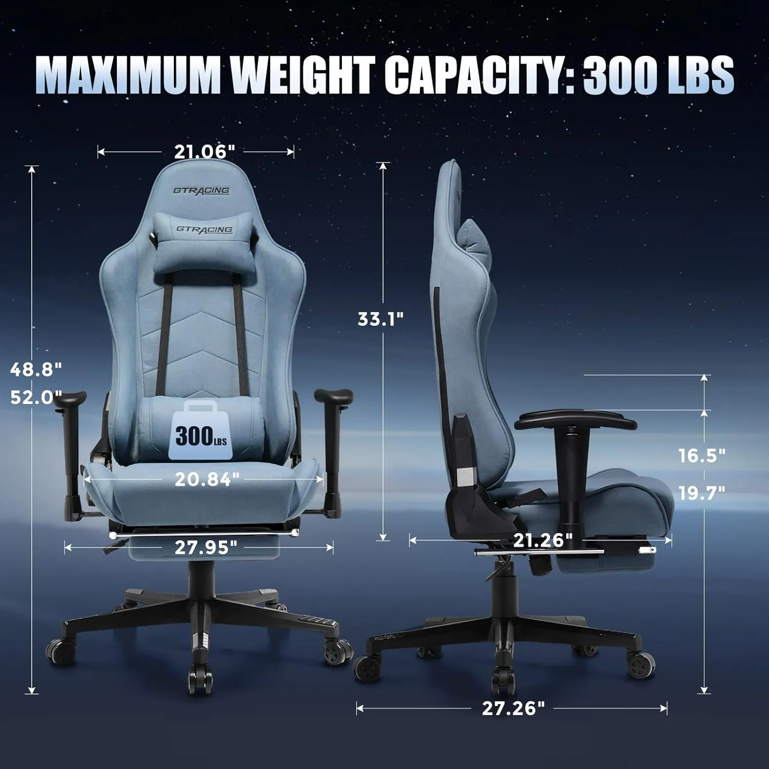 GTRACING Gaming Chair Breathable Fabric, Racing Style Computer Chair for Adult, Adjustable Reclining Backrest and Lumbar Support, Stylish High Back Chair for Gaming and Office (Light Blue)