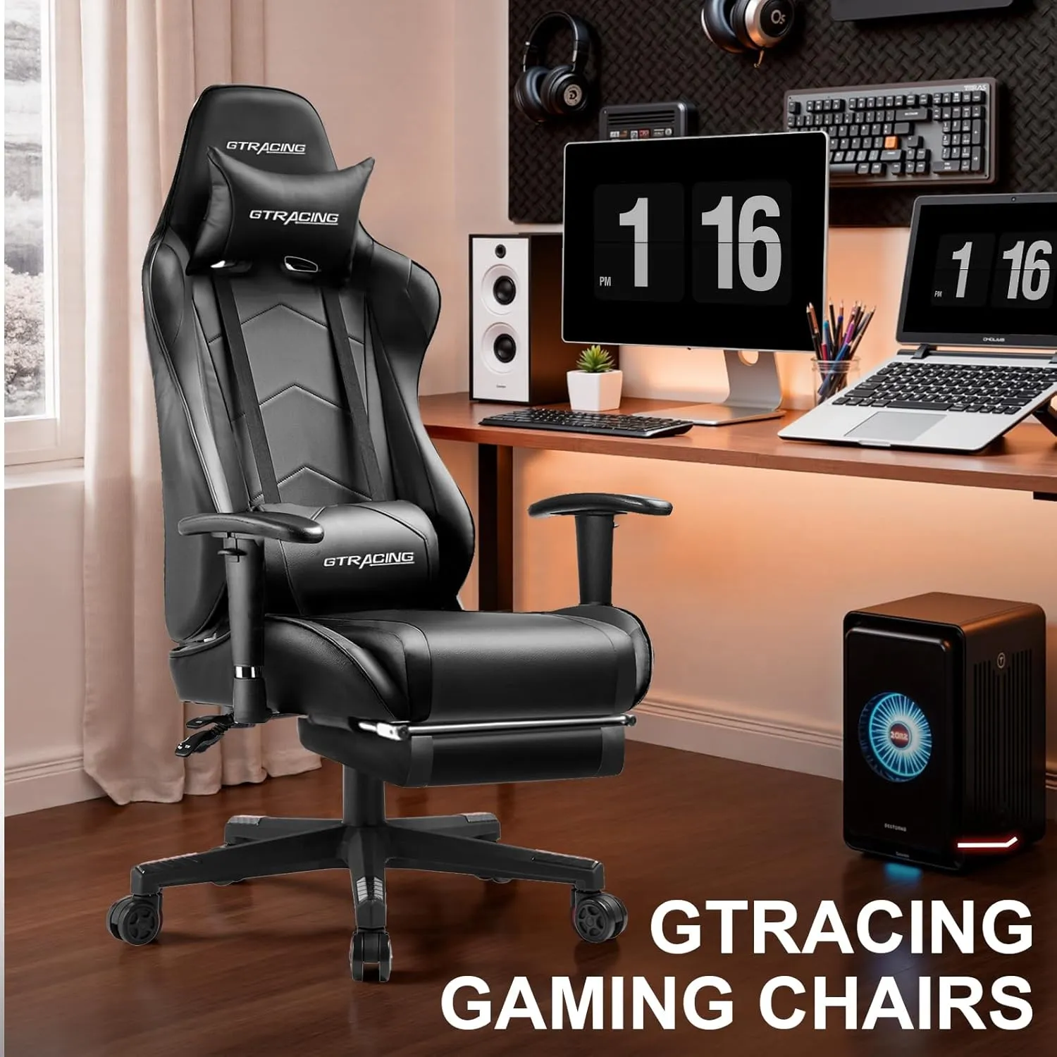 GTRACING Gaming Chair with Footrest, High Back Computer Chair Ergonomic Game Desk Chair Racing Executive Adjustable Swivel Rocker with Headrest and Lumbar Support