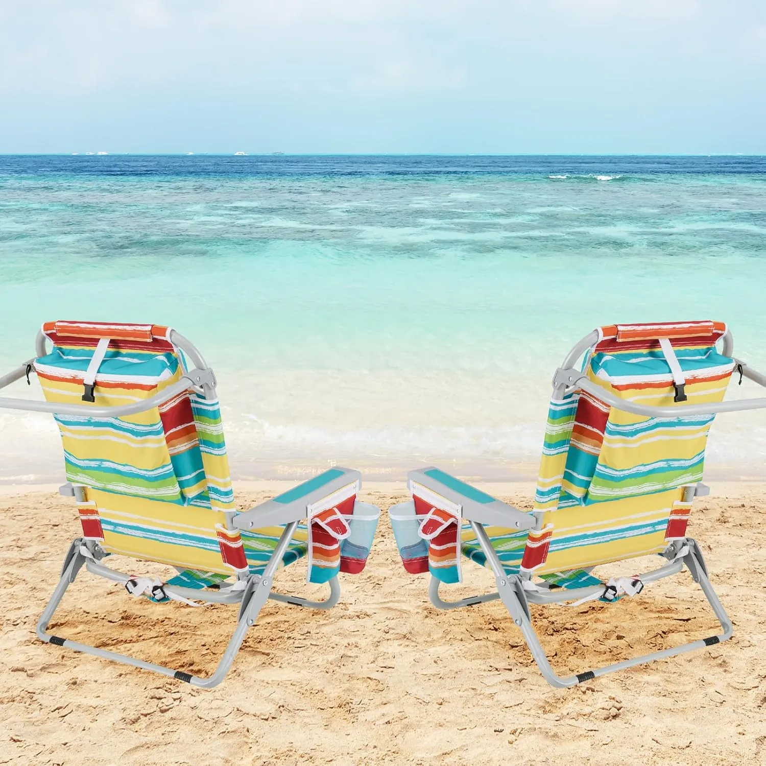 GYMAX Beach Chair, 330lbs Backpack Lounger with 5-Position Backrest, Storage Bag, Side Pocket, Towel Bar & Headrest, Foldable Low Beach Lounge, Portable Aluminum Lay Out Camp Chair (Colourful,2)