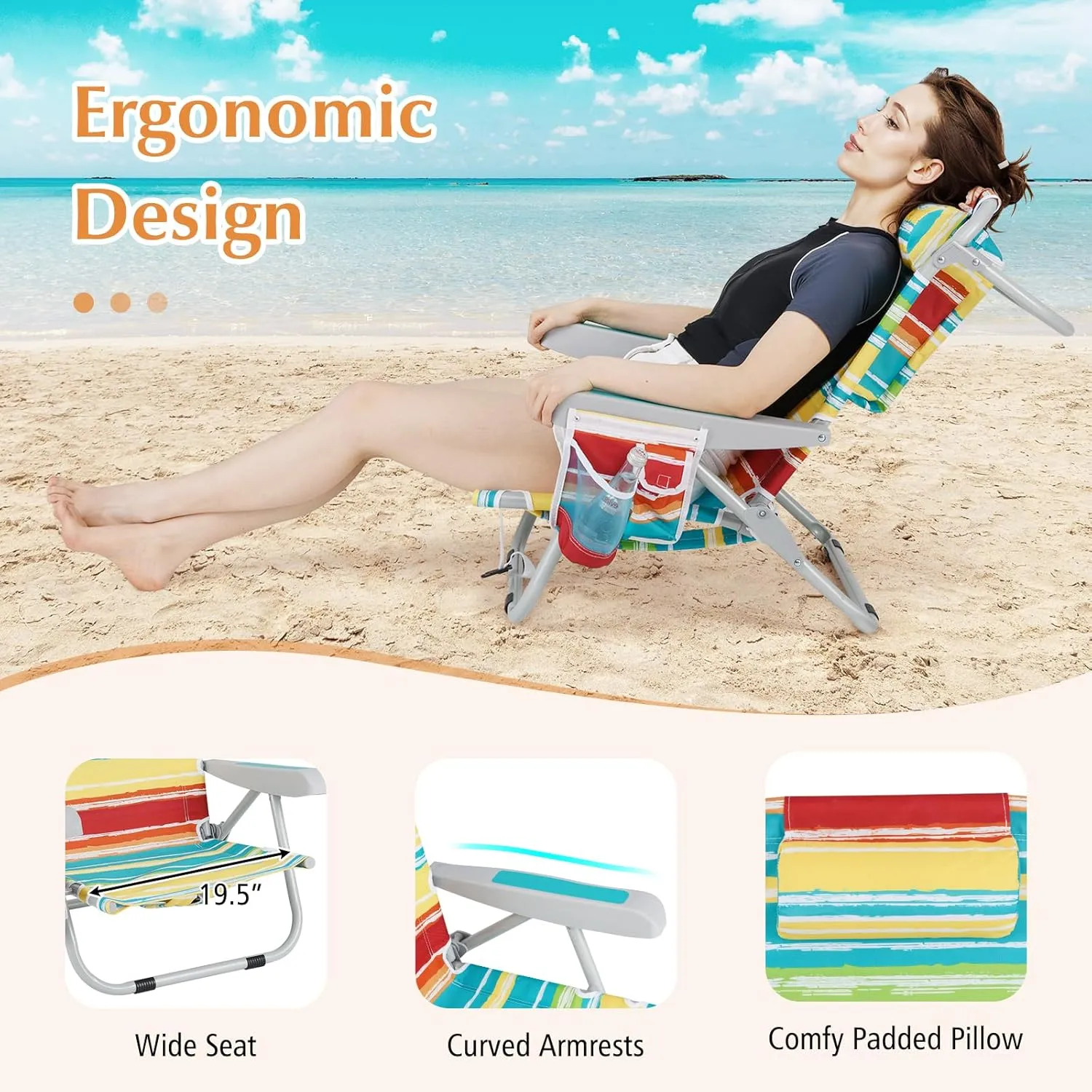 GYMAX Beach Chair, 330lbs Backpack Lounger with 5-Position Backrest, Storage Bag, Side Pocket, Towel Bar & Headrest, Foldable Low Beach Lounge, Portable Aluminum Lay Out Camp Chair (Colourful,2)