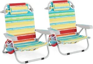 GYMAX Beach Chair, 330lbs Backpack Lounger with 5-Position Backrest, Storage Bag, Side Pocket, Towel Bar & Headrest, Foldable Low Beach Lounge, Portable Aluminum Lay Out Camp Chair (Colourful,2)