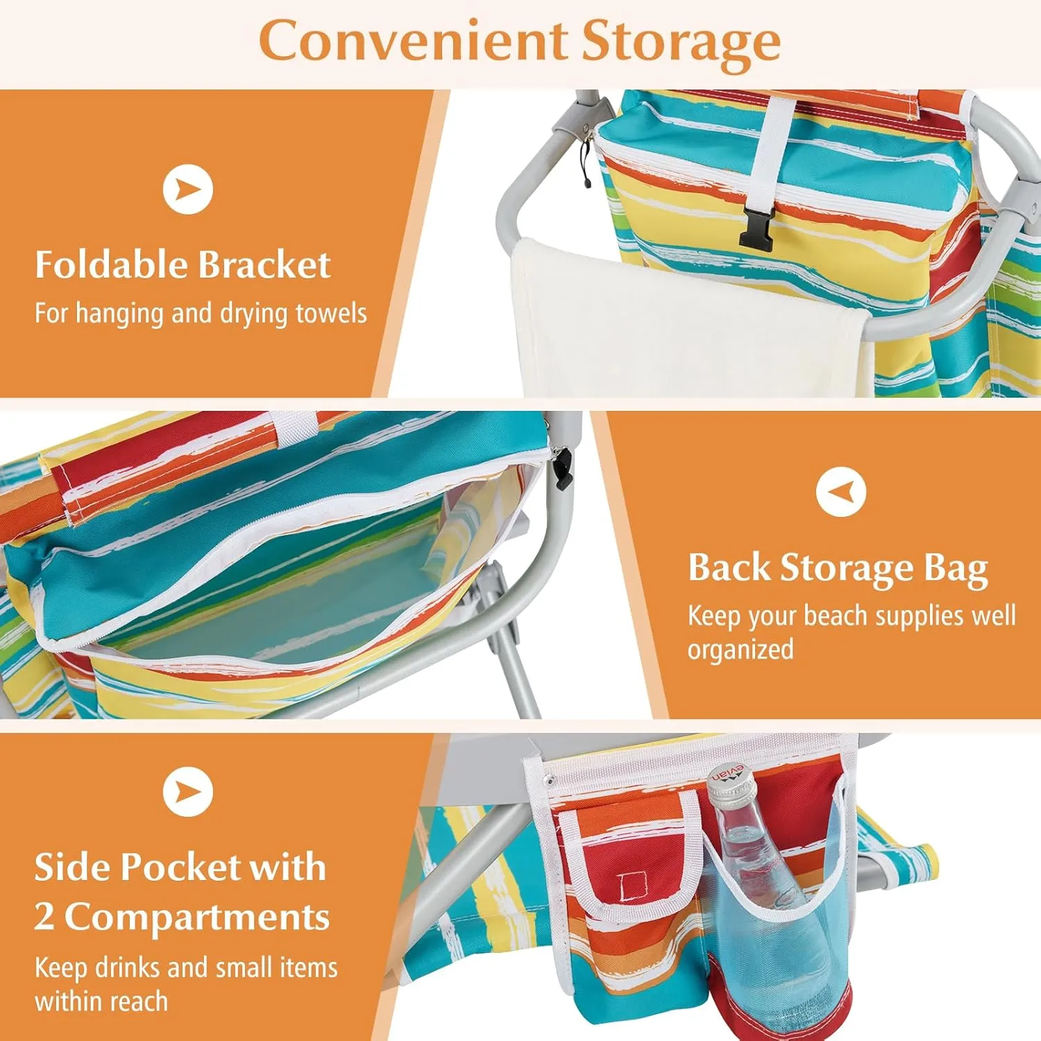 GYMAX Beach Chair, 330lbs Backpack Lounger with 5-Position Backrest, Storage Bag, Side Pocket, Towel Bar & Headrest, Foldable Low Beach Lounge, Portable Aluminum Lay Out Camp Chair (Colourful,2)