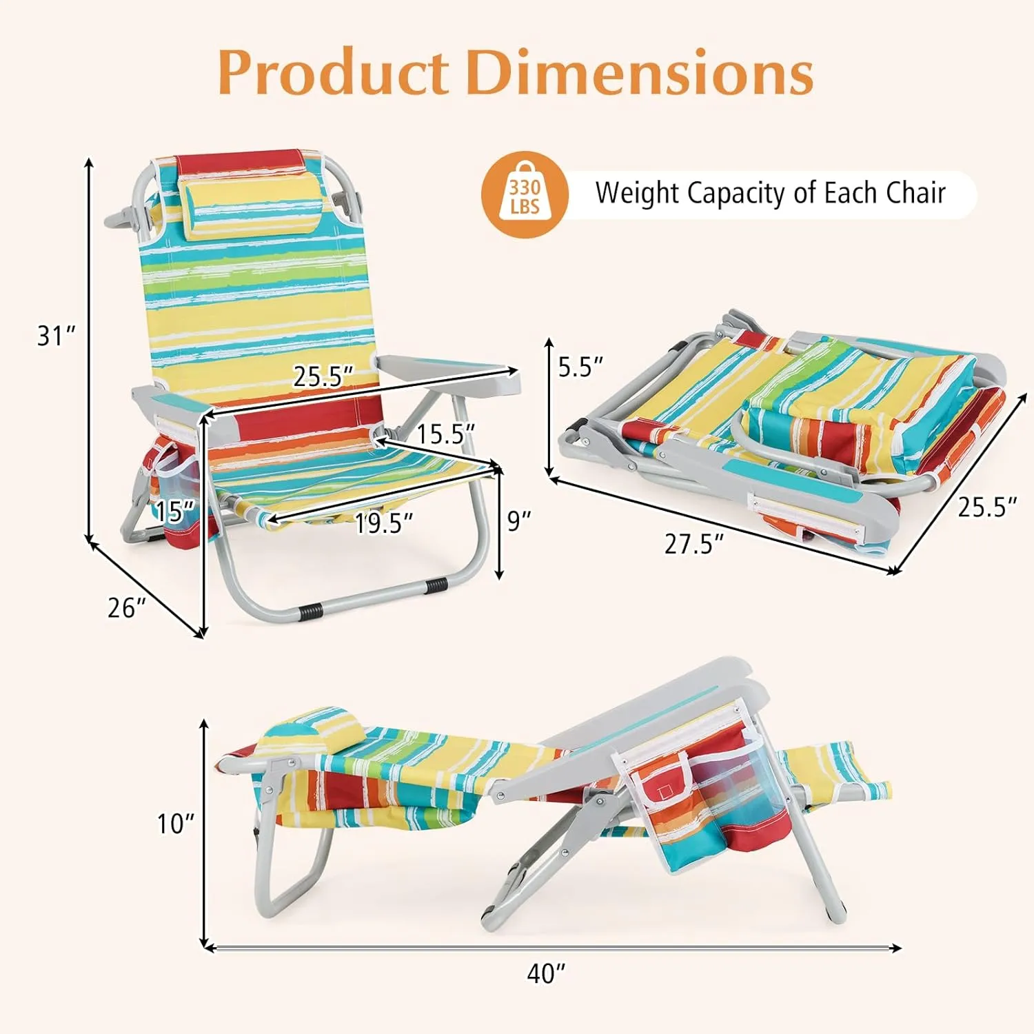 GYMAX Beach Chair, 330lbs Backpack Lounger with 5-Position Backrest, Storage Bag, Side Pocket, Towel Bar & Headrest, Foldable Low Beach Lounge, Portable Aluminum Lay Out Camp Chair (Colourful,2)