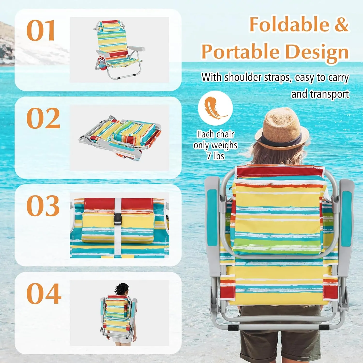 GYMAX Beach Chair, 330lbs Backpack Lounger with 5-Position Backrest, Storage Bag, Side Pocket, Towel Bar & Headrest, Foldable Low Beach Lounge, Portable Aluminum Lay Out Camp Chair (Colourful,2)
