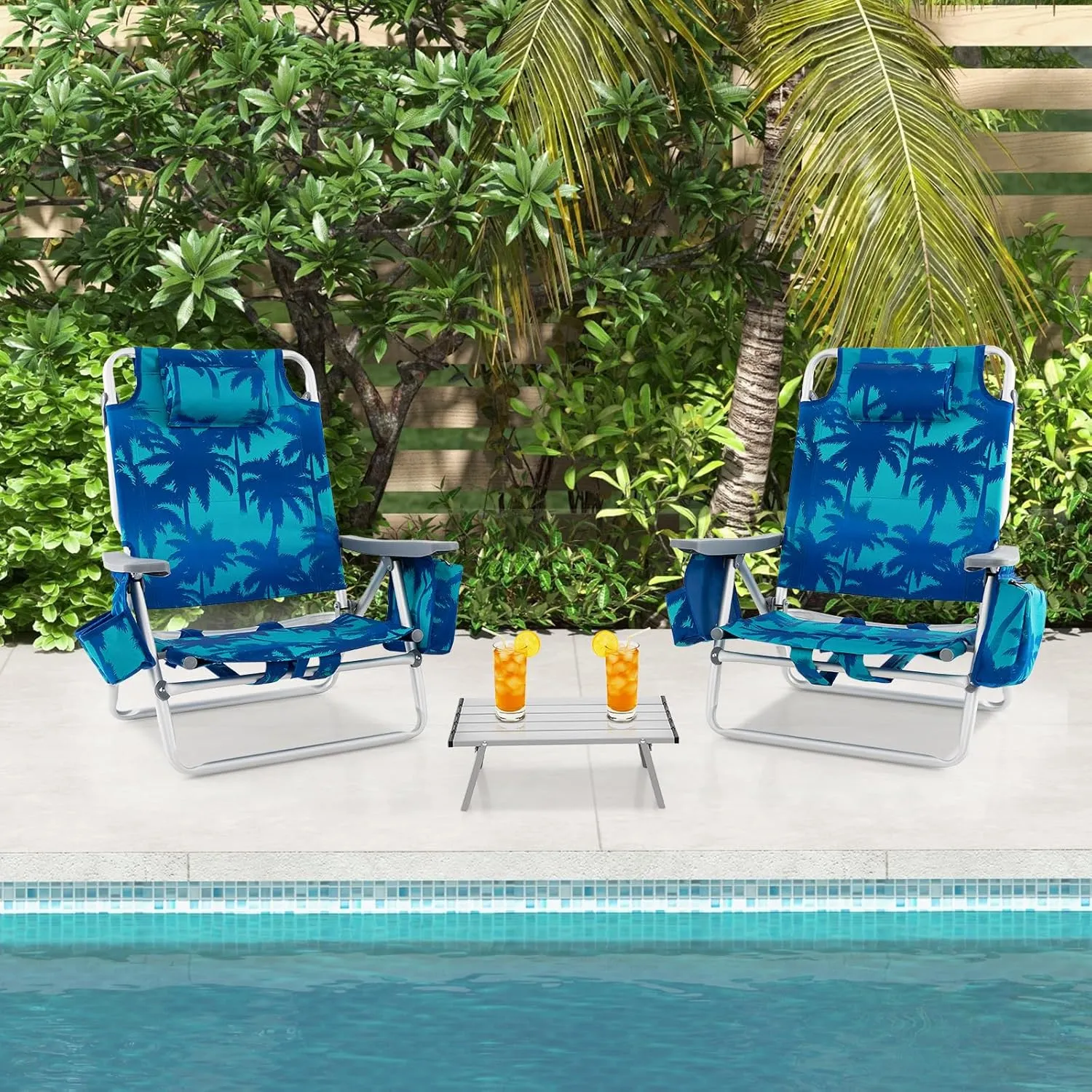 GYMAX Beach Chairs, 2-Pack Backpack Camping Chair with Armrest, Cooler Bag, Cup Holder, Towel Bar & Side Pockets, Sunbath Sling Tanning Lounge, Folding Layout Chair (with Table, Coconut Tree)