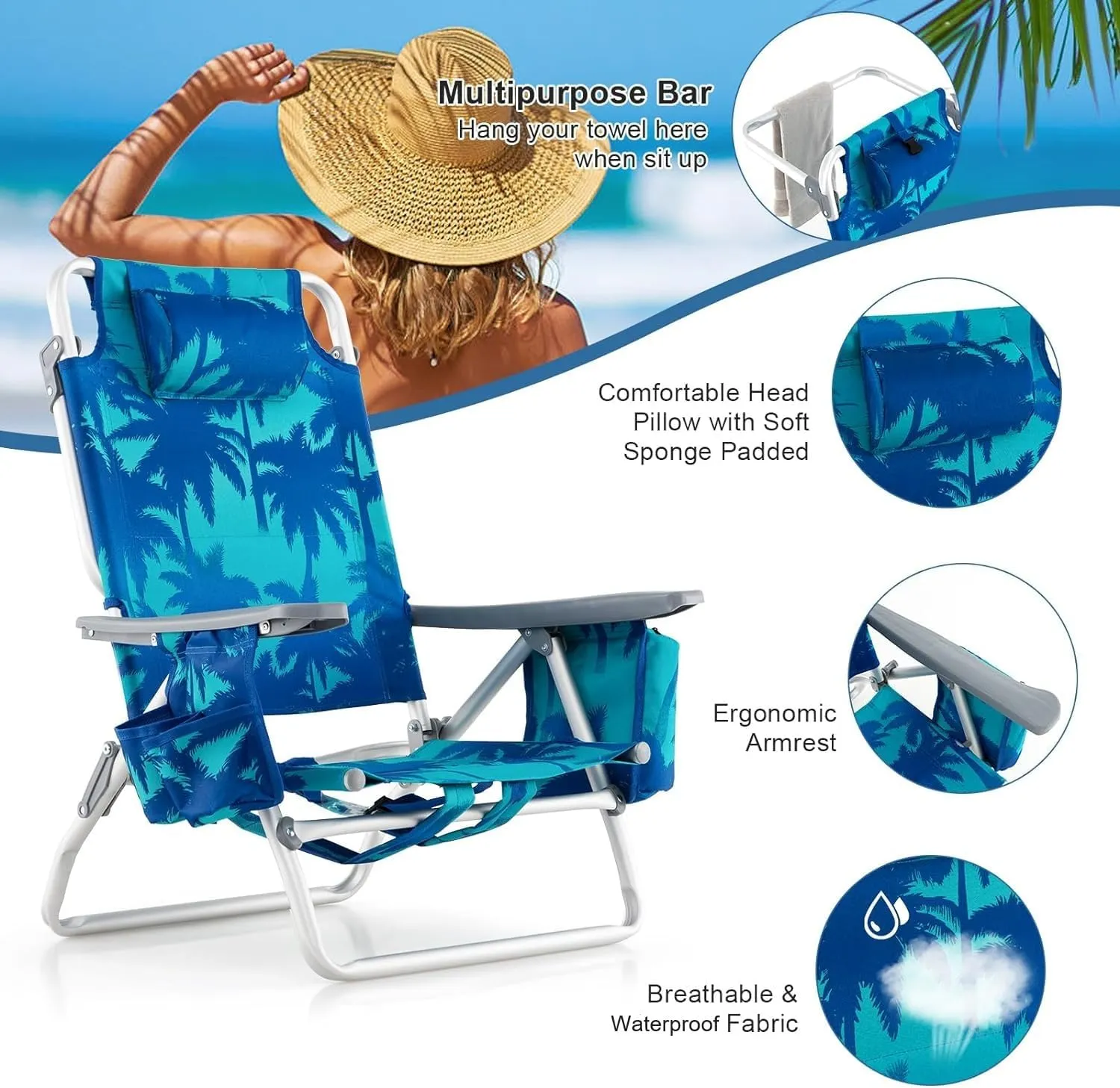 GYMAX Beach Chairs, 2-Pack Backpack Camping Chair with Armrest, Cooler Bag, Cup Holder, Towel Bar & Side Pockets, Sunbath Sling Tanning Lounge, Folding Layout Chair (with Table, Coconut Tree)