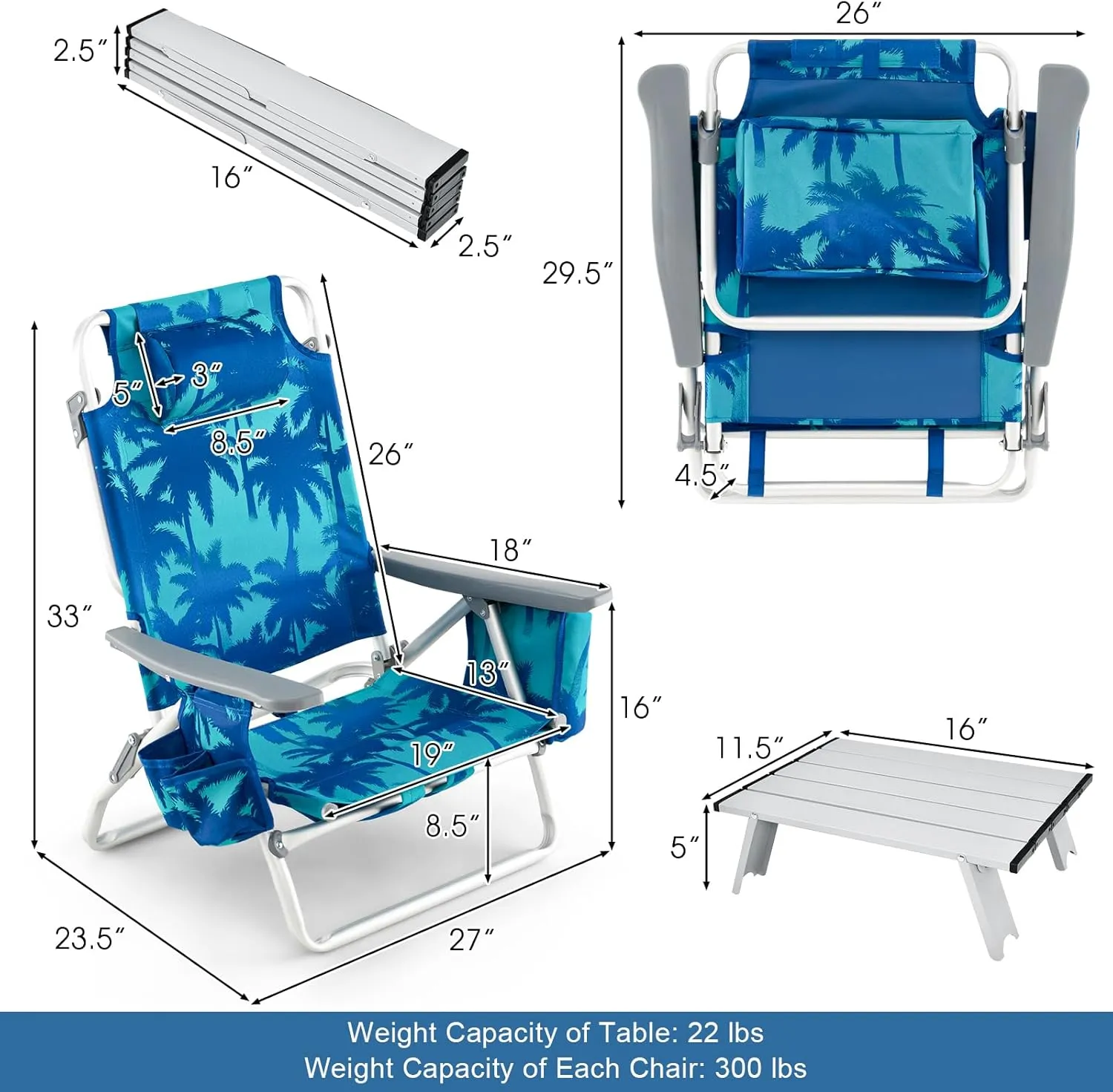 GYMAX Beach Chairs, 2-Pack Backpack Camping Chair with Armrest, Cooler Bag, Cup Holder, Towel Bar & Side Pockets, Sunbath Sling Tanning Lounge, Folding Layout Chair (with Table, Coconut Tree)