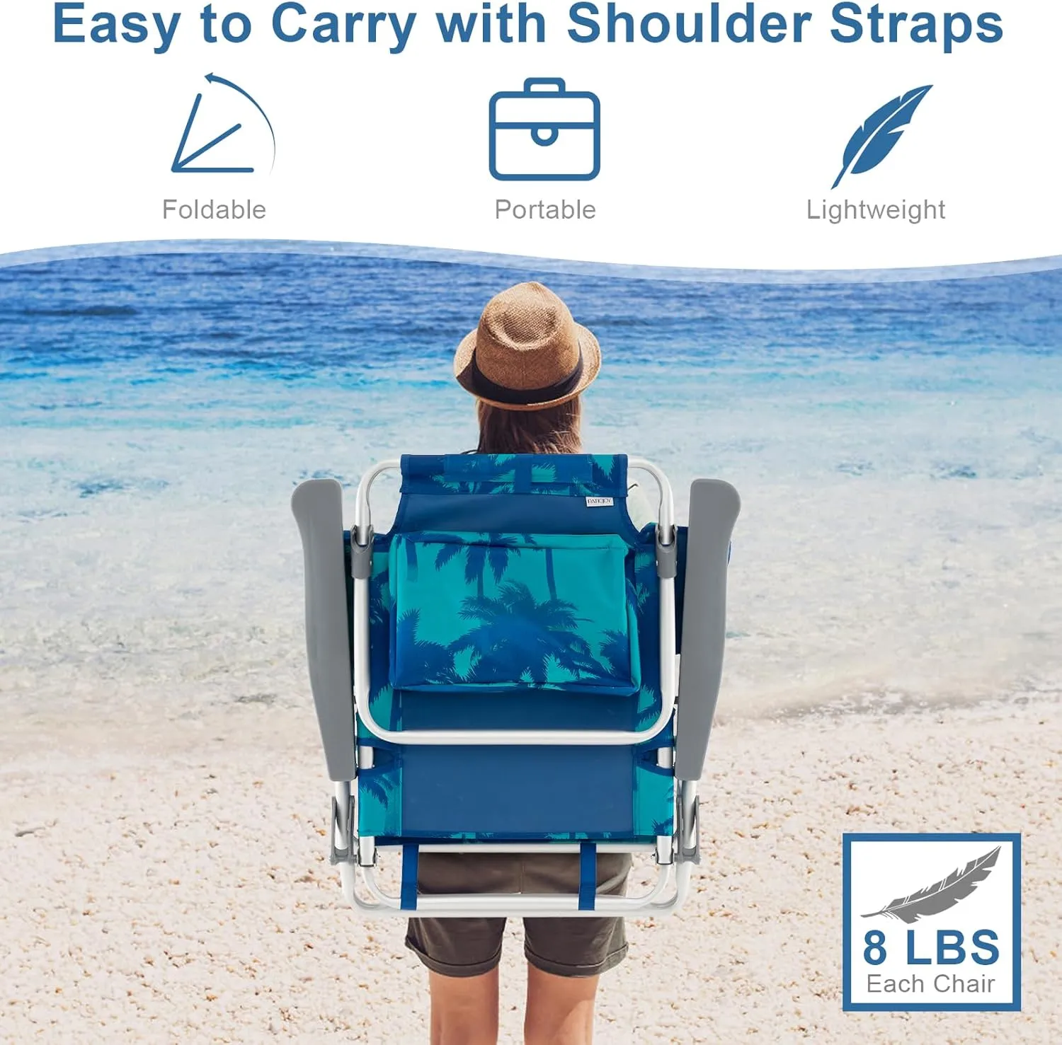 GYMAX Beach Chairs, 2-Pack Backpack Camping Chair with Armrest, Cooler Bag, Cup Holder, Towel Bar & Side Pockets, Sunbath Sling Tanning Lounge, Folding Layout Chair (with Table, Coconut Tree)