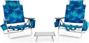 GYMAX Beach Chairs, 2-Pack Backpack Camping Chair with Armrest, Cooler Bag, Cup Holder, Towel Bar & Side Pockets, Sunbath Sling Tanning Lounge, Folding Layout Chair (with Table, Coconut Tree)