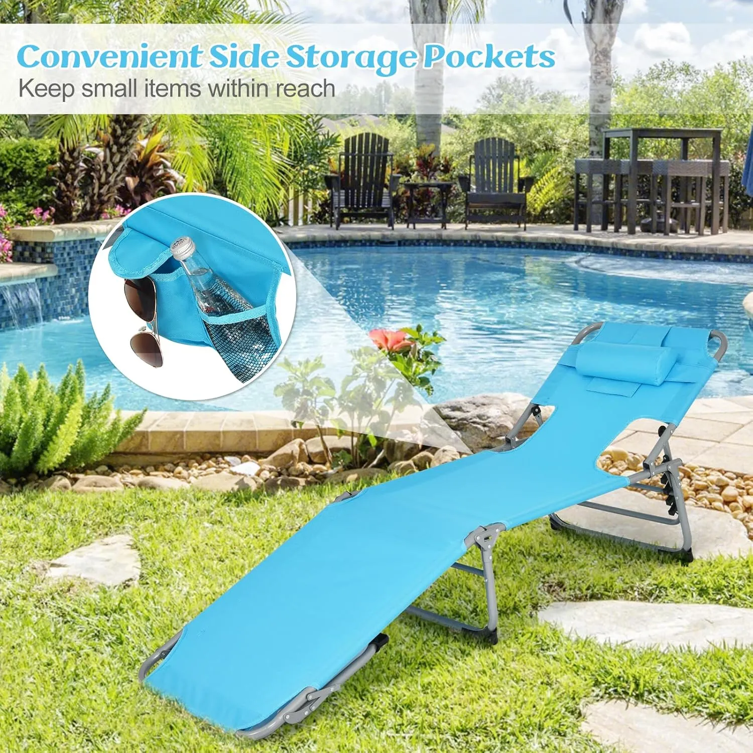 GYMAX Tanning Chair, Folding Lounger with Face/Arm Holes, Carry Handles & Side Pocket, Portable Lightweight Layout Beach Chair for Outdoor/Indoor, Face Down Sun Lounger (1, Arctic Blue)