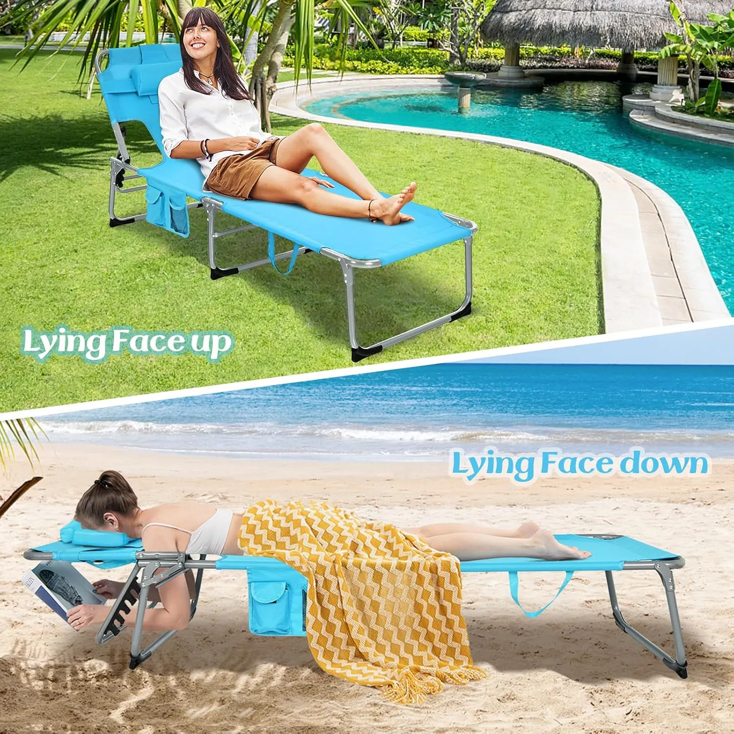 GYMAX Tanning Chair, Folding Lounger with Face/Arm Holes, Carry Handles & Side Pocket, Portable Lightweight Layout Beach Chair for Outdoor/Indoor, Face Down Sun Lounger (1, Arctic Blue)