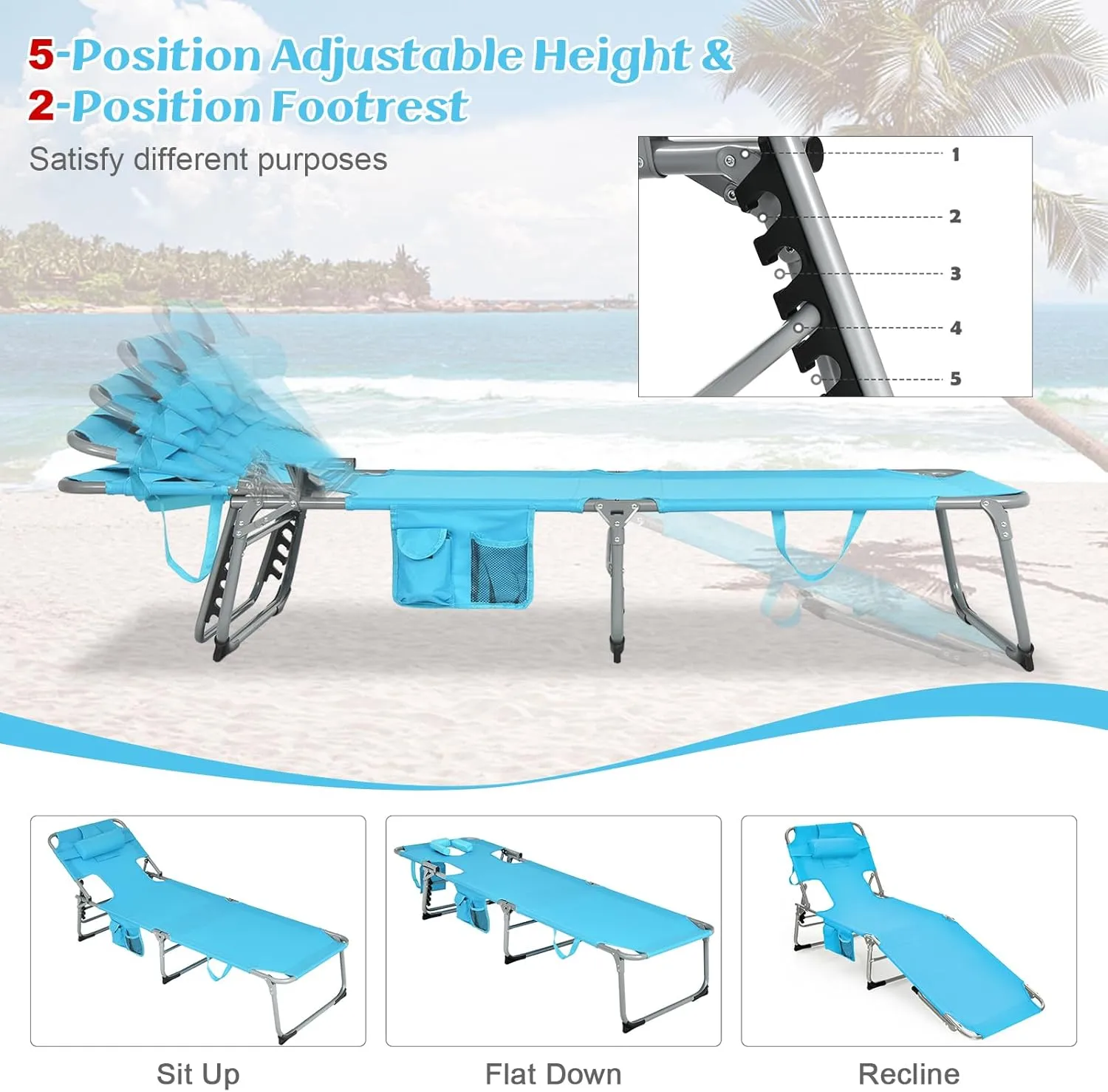 GYMAX Tanning Chair, Folding Lounger with Face/Arm Holes, Carry Handles & Side Pocket, Portable Lightweight Layout Beach Chair for Outdoor/Indoor, Face Down Sun Lounger (1, Arctic Blue)