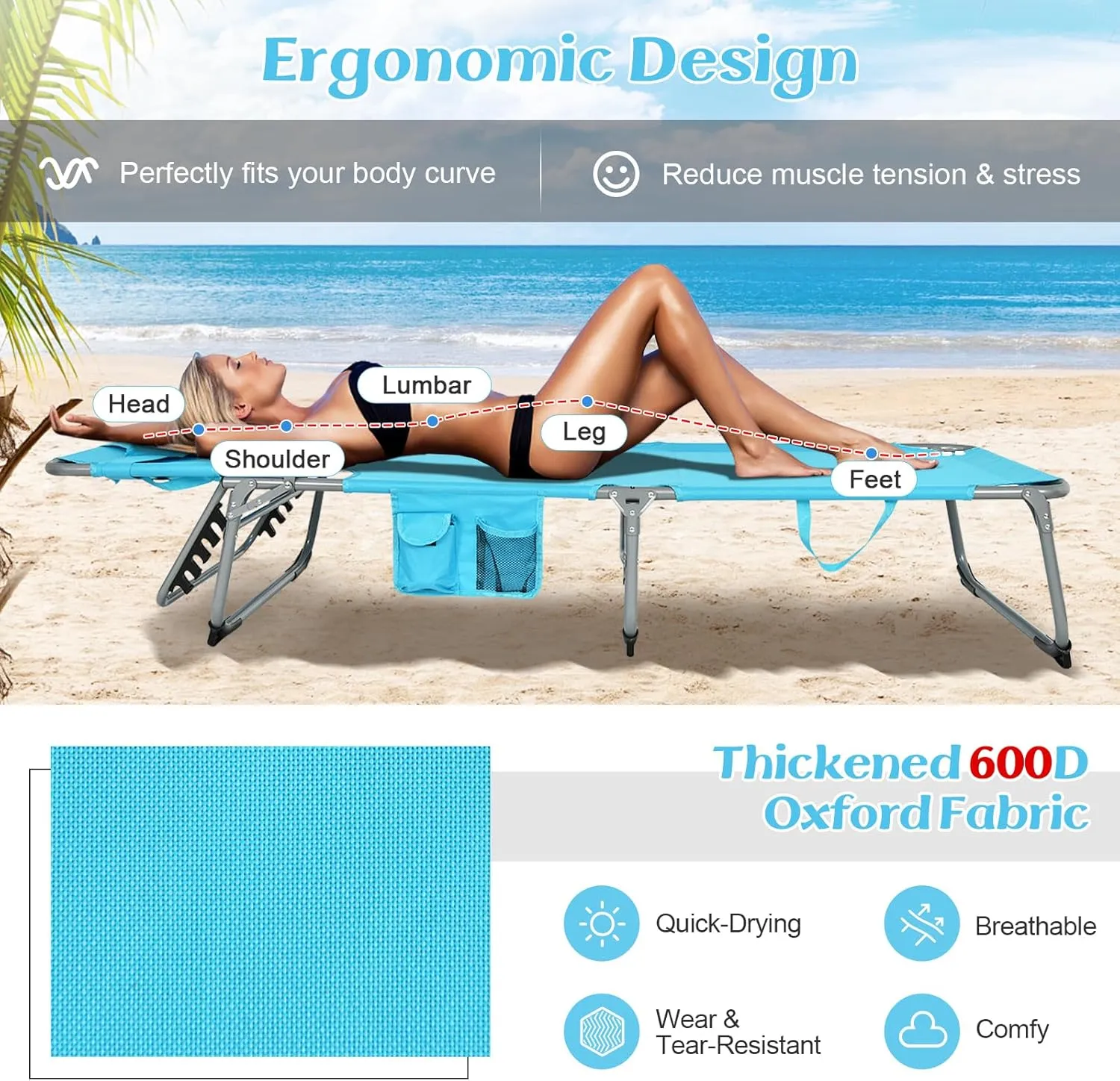 GYMAX Tanning Chair, Folding Lounger with Face/Arm Holes, Carry Handles & Side Pocket, Portable Lightweight Layout Beach Chair for Outdoor/Indoor, Face Down Sun Lounger (1, Arctic Blue)