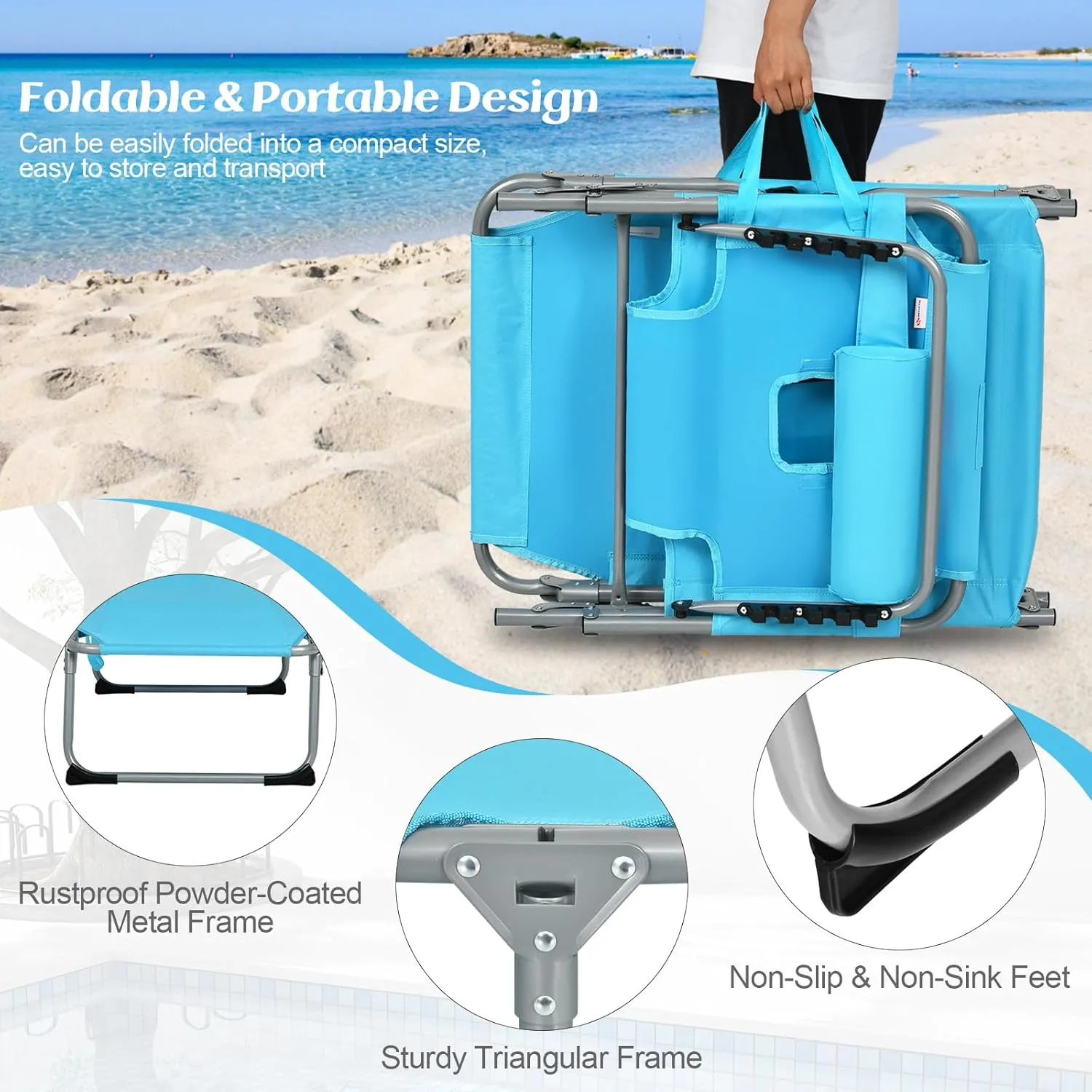 GYMAX Tanning Chair, Folding Lounger with Face/Arm Holes, Carry Handles & Side Pocket, Portable Lightweight Layout Beach Chair for Outdoor/Indoor, Face Down Sun Lounger (1, Arctic Blue)