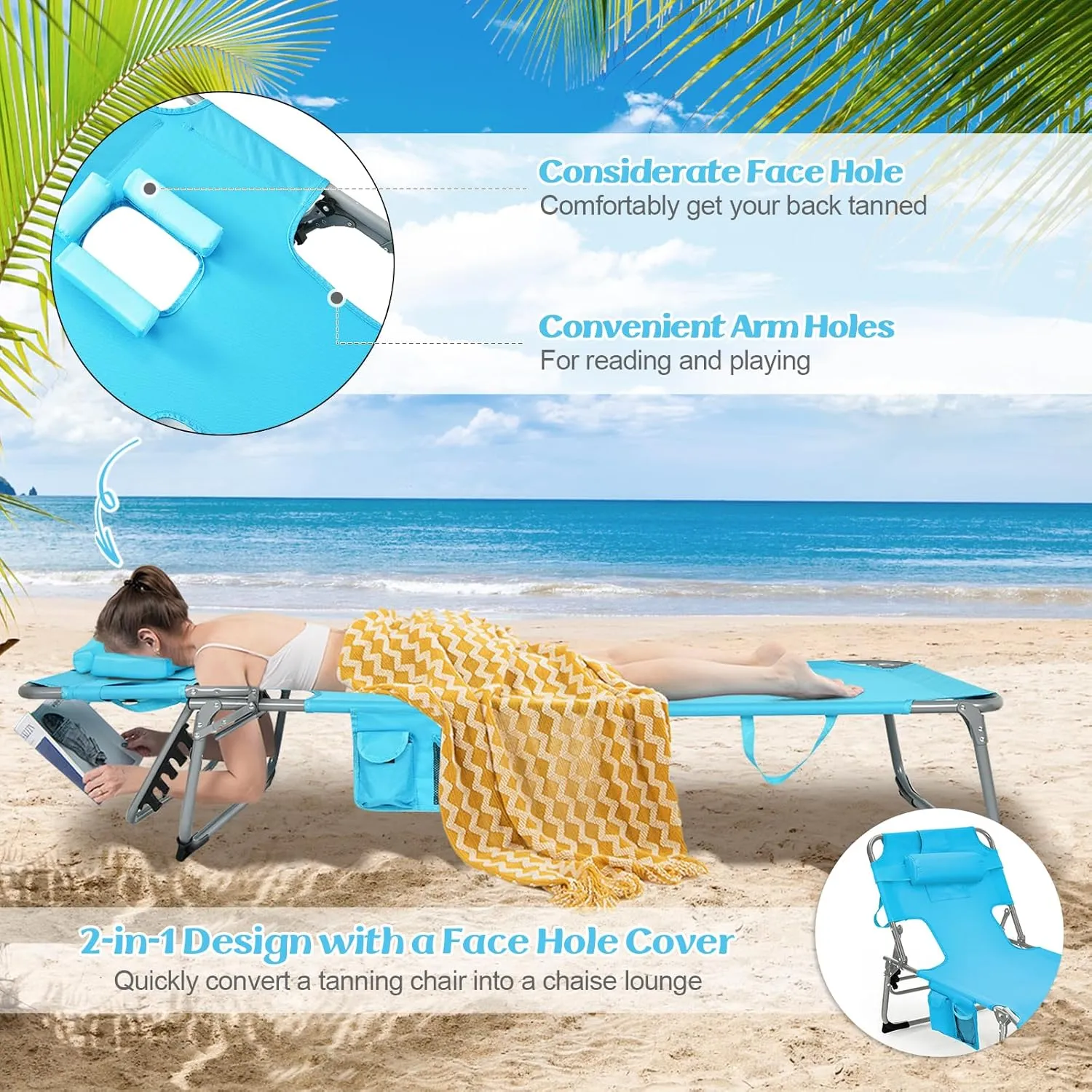 GYMAX Tanning Chair, Folding Lounger with Face/Arm Holes, Carry Handles & Side Pocket, Portable Lightweight Layout Beach Chair for Outdoor/Indoor, Face Down Sun Lounger (1, Arctic Blue)