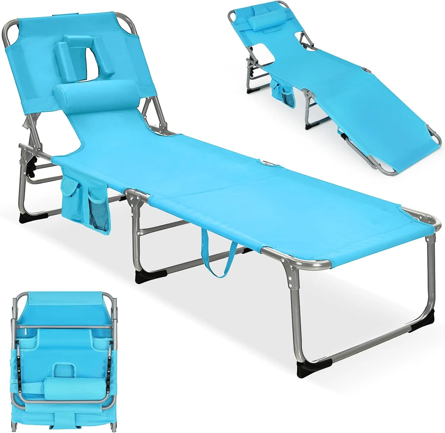 GYMAX Tanning Chair, Folding Lounger with Face/Arm Holes, Carry Handles & Side Pocket, Portable Lightweight Layout Beach Chair for Outdoor/Indoor, Face Down Sun Lounger (1, Arctic Blue)