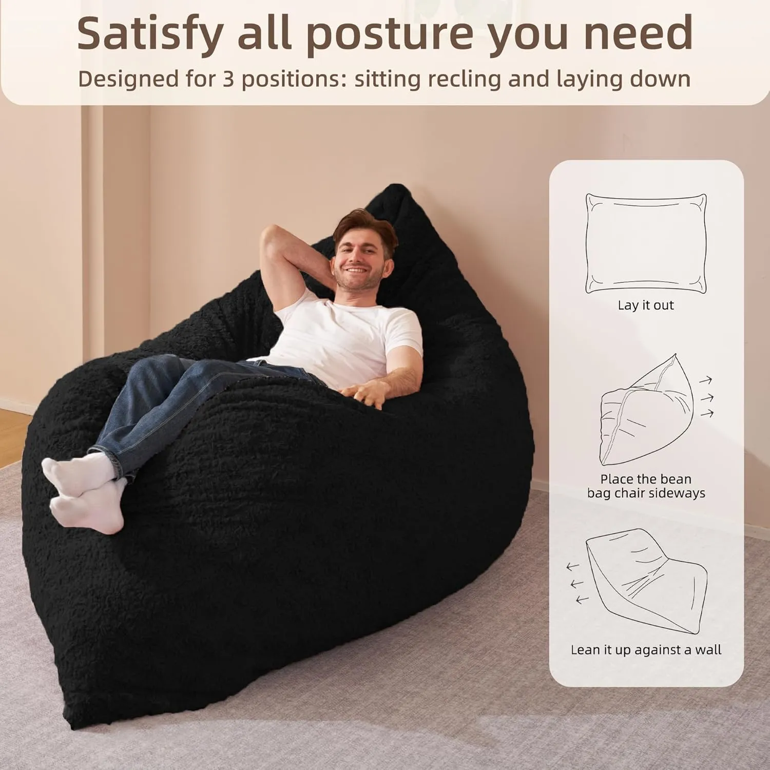 HABUTWAY 4 in 1 Bean Bag Chair, Giant Memory Foam Filling Bean Bag Sofa, Adult Bean Bag Chair, Machine Washable Faux Fur Cover, Bean Bag for Adult (Black)