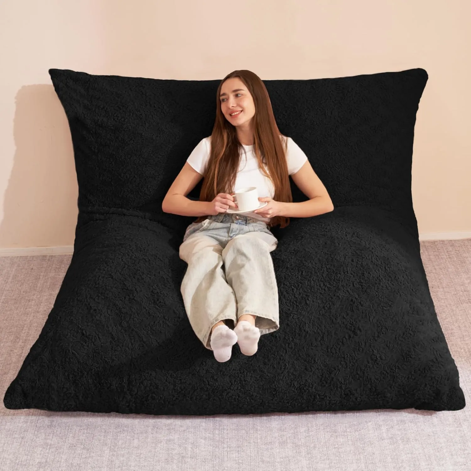 HABUTWAY 4 in 1 Bean Bag Chair, Giant Memory Foam Filling Bean Bag Sofa, Adult Bean Bag Chair, Machine Washable Faux Fur Cover, Bean Bag for Adult (Black)
