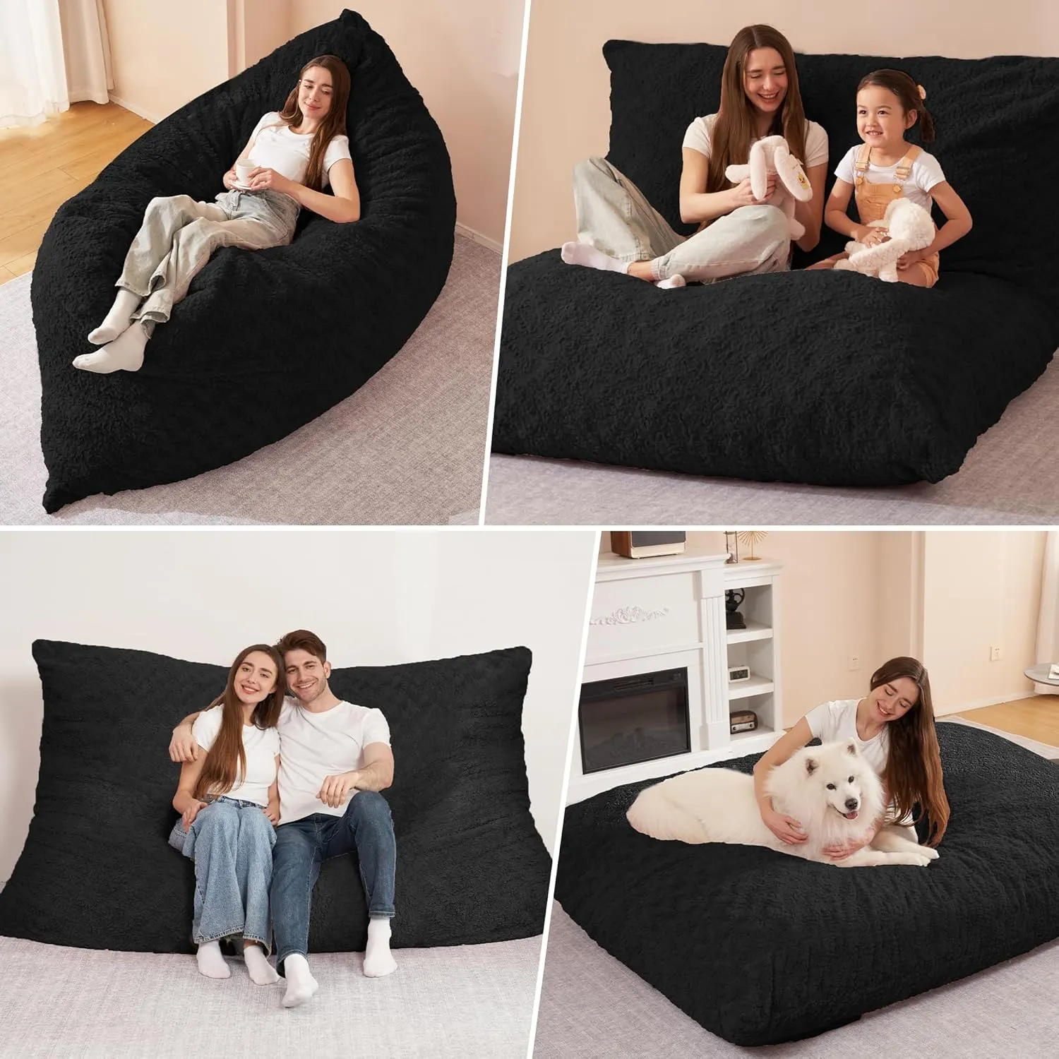 HABUTWAY 4 in 1 Bean Bag Chair, Giant Memory Foam Filling Bean Bag Sofa, Adult Bean Bag Chair, Machine Washable Faux Fur Cover, Bean Bag for Adult (Black)