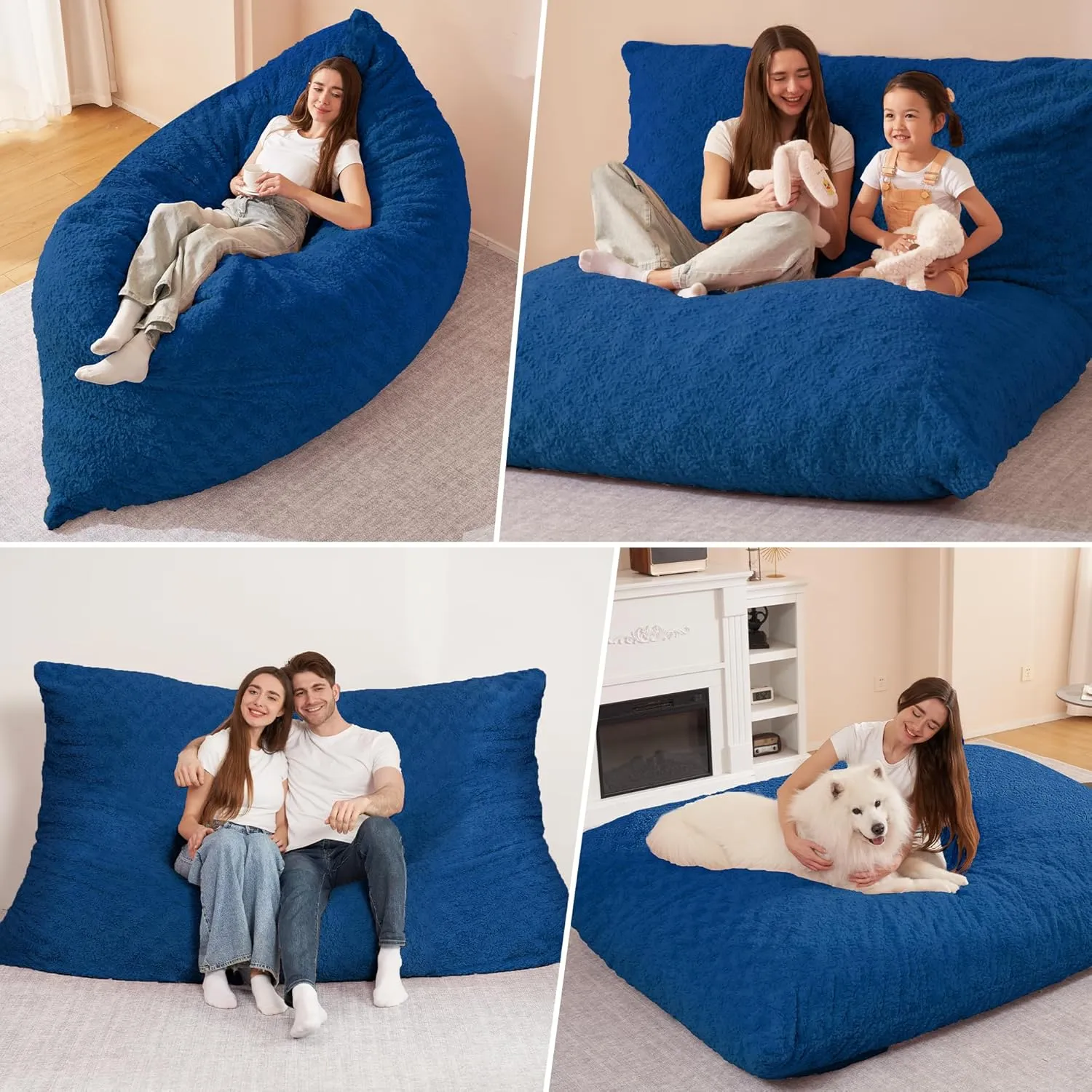 HABUTWAY 4 in 1 Bean Bag Chair, Giant Memory Foam Filling Bean Bag Sofa, Adult Bean Bag Chair, Machine Washable Faux Fur Cover, Bean Bag for Adult (Blue)