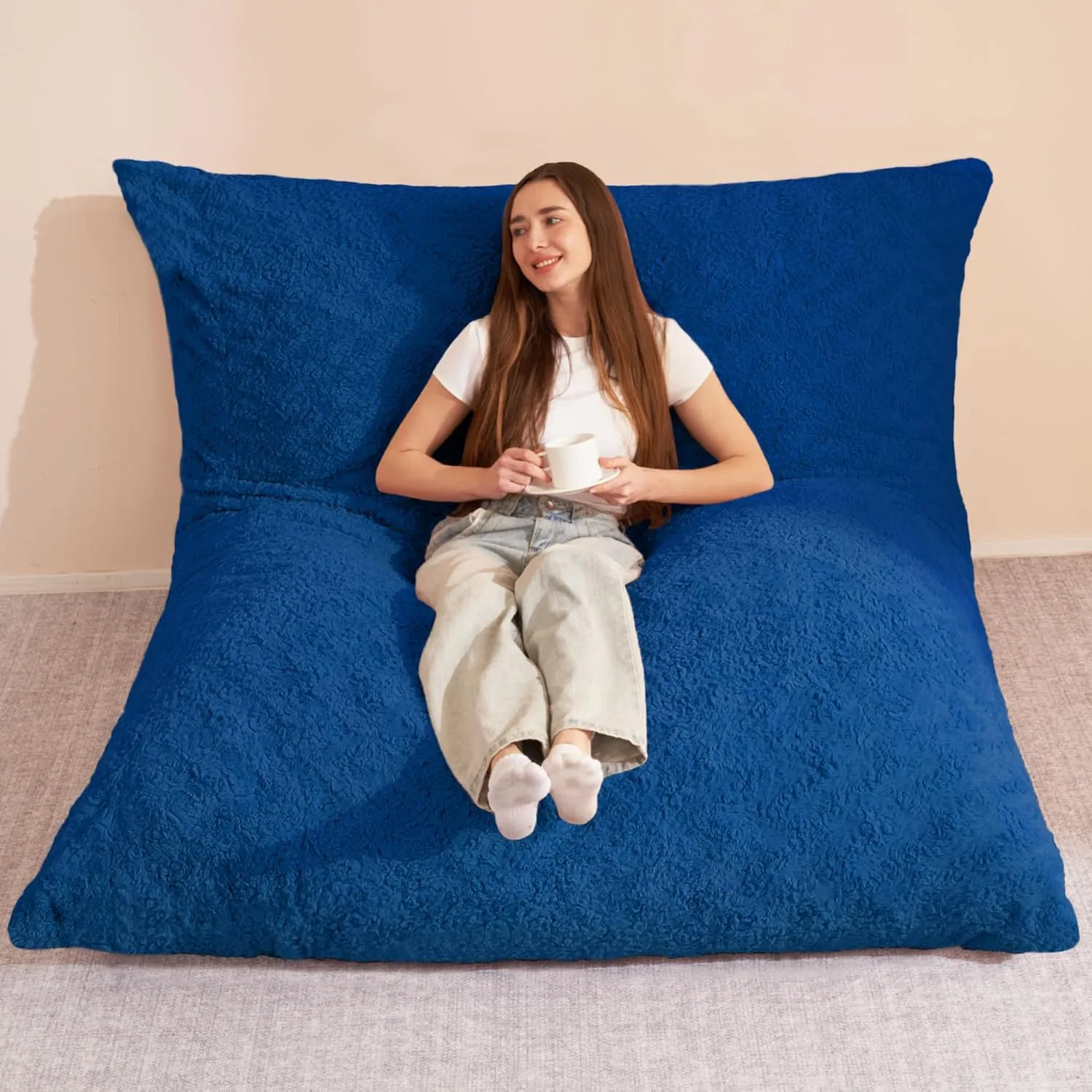 HABUTWAY 4 in 1 Bean Bag Chair, Giant Memory Foam Filling Bean Bag Sofa, Adult Bean Bag Chair, Machine Washable Faux Fur Cover, Bean Bag for Adult (Blue)