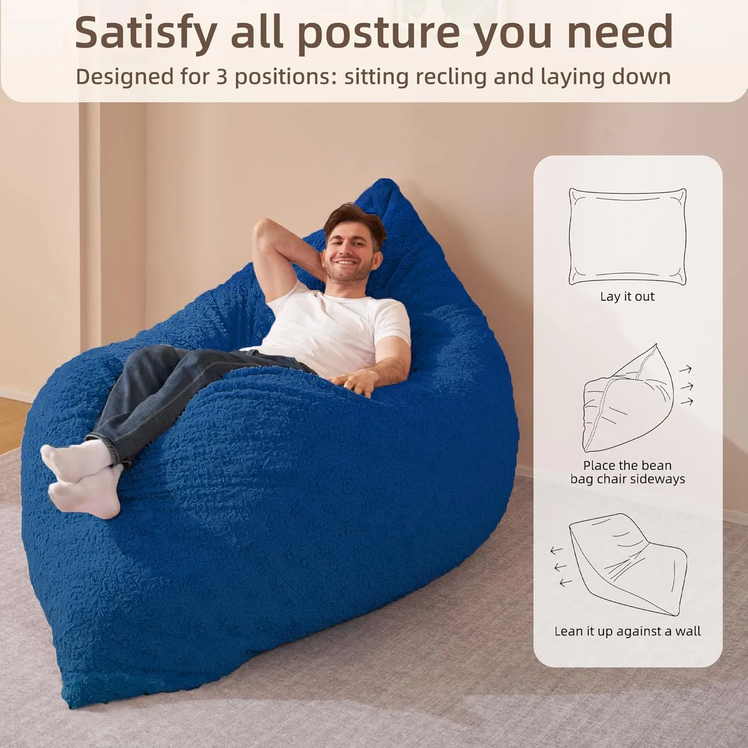 HABUTWAY 4 in 1 Bean Bag Chair, Giant Memory Foam Filling Bean Bag Sofa, Adult Bean Bag Chair, Machine Washable Faux Fur Cover, Bean Bag for Adult (Blue)