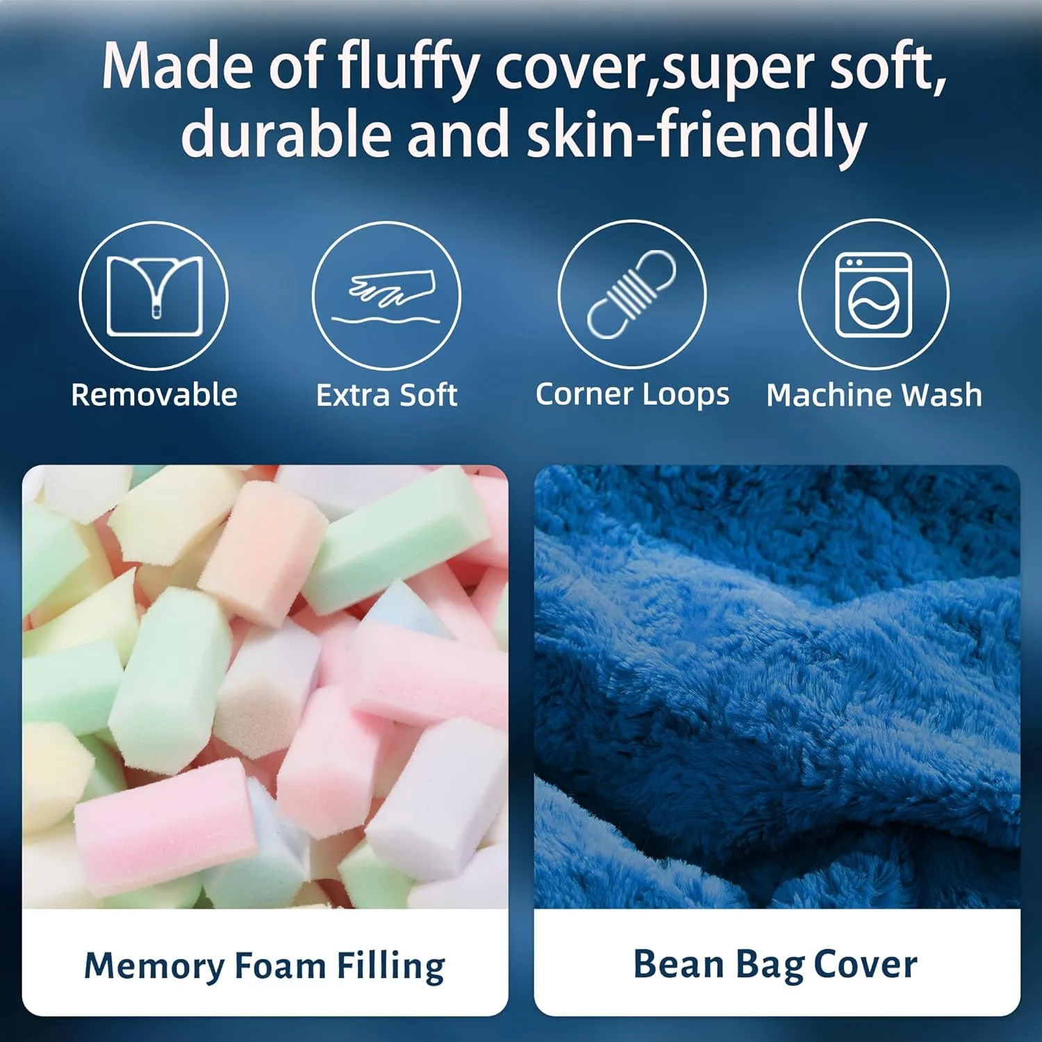 HABUTWAY 4 in 1 Bean Bag Chair, Giant Memory Foam Filling Bean Bag Sofa, Adult Bean Bag Chair, Machine Washable Faux Fur Cover, Bean Bag for Adult (Blue)