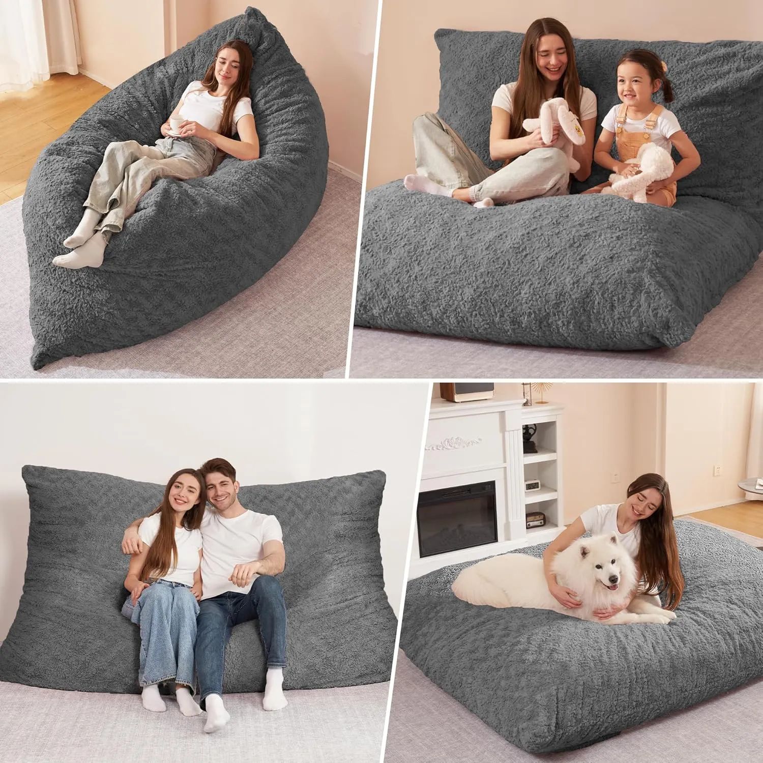 HABUTWAY 4 in 1 Bean Bag Chair, Giant Memory Foam Filling Bean Bag Sofa, Adult Bean Bag Chair, Machine Washable Faux Fur Cover, Bean Bag for Adult (Grey)