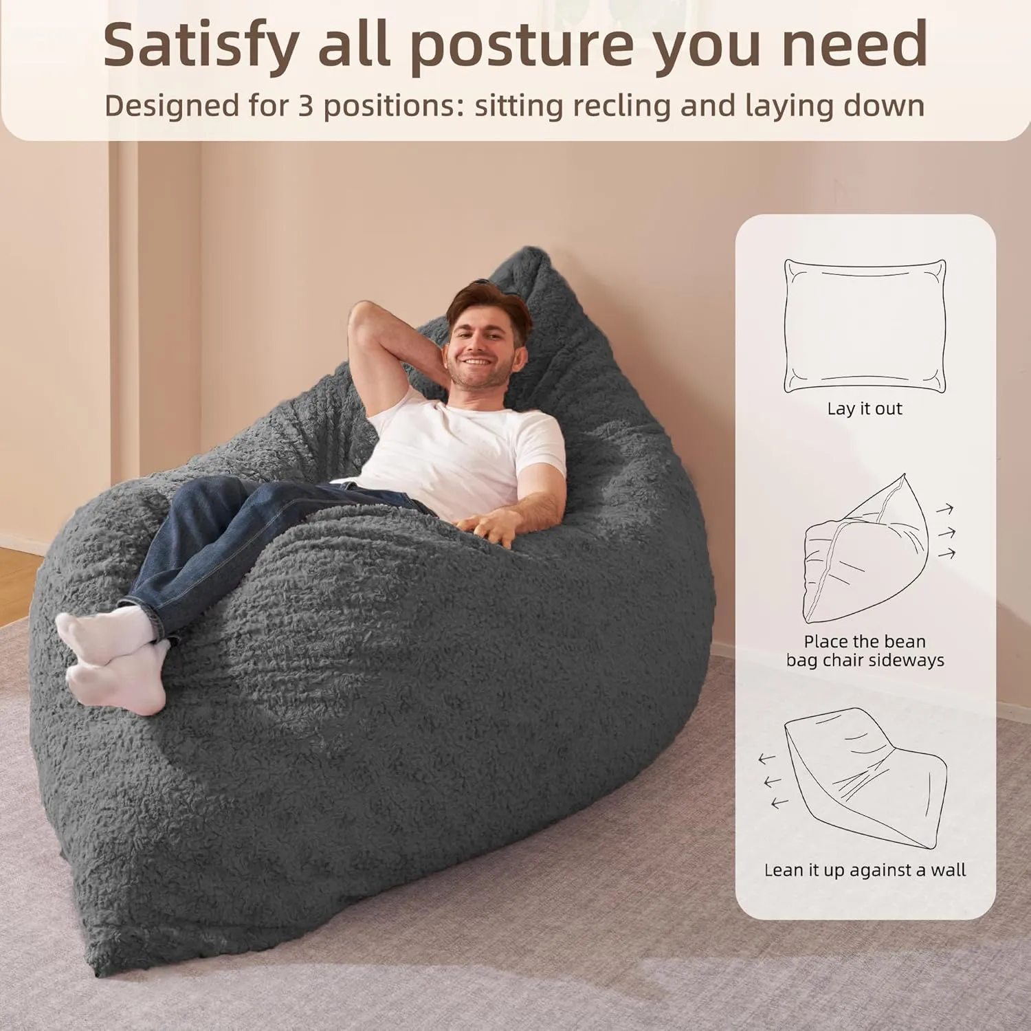 HABUTWAY 4 in 1 Bean Bag Chair, Giant Memory Foam Filling Bean Bag Sofa, Adult Bean Bag Chair, Machine Washable Faux Fur Cover, Bean Bag for Adult (Grey)