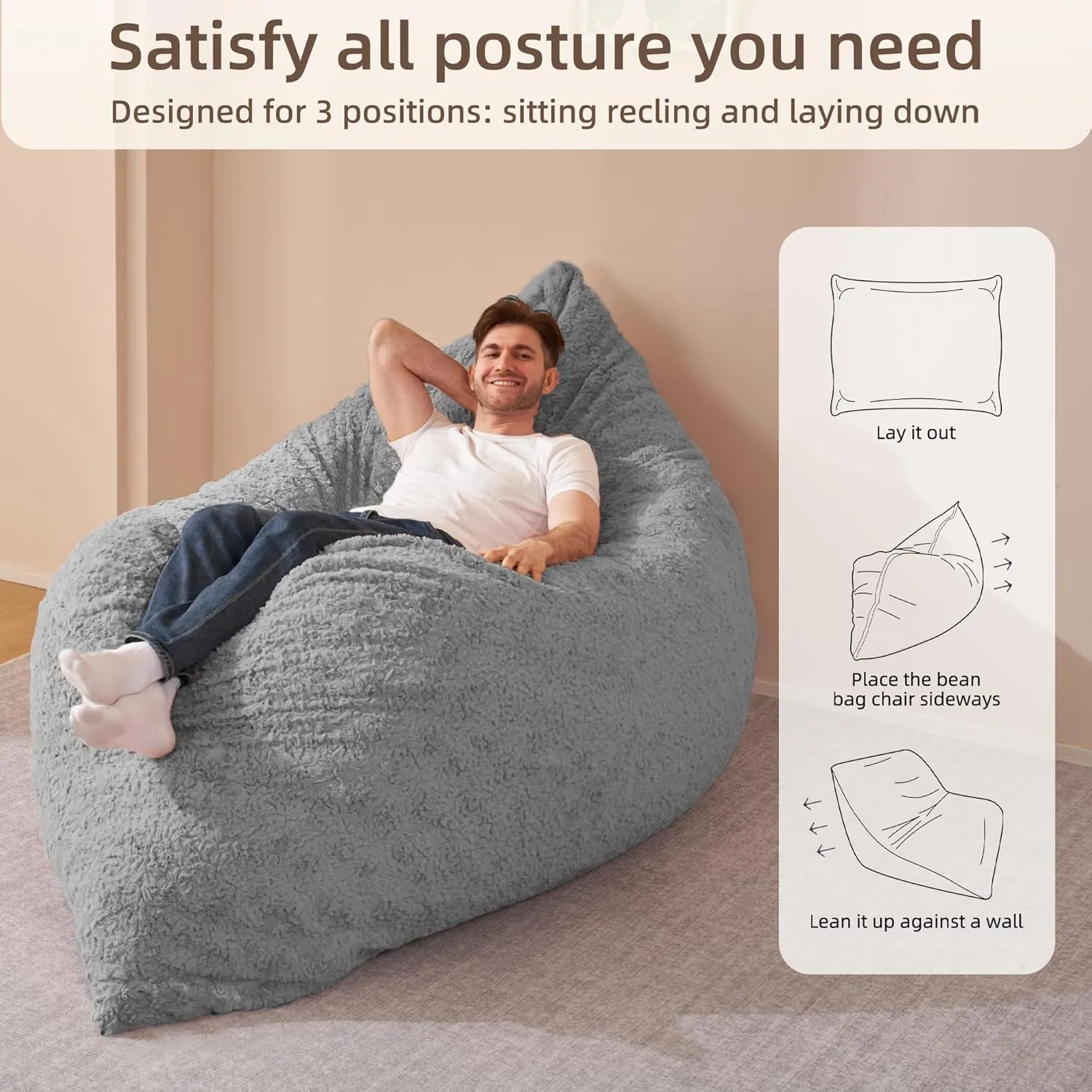 HABUTWAY 4 in 1 Bean Bag Chair, Giant Memory Foam Filling Bean Bag Sofa, Adult Bean Bag Chair, Machine Washable Faux Fur Cover, Bean Bag for Adult (Light Grey)