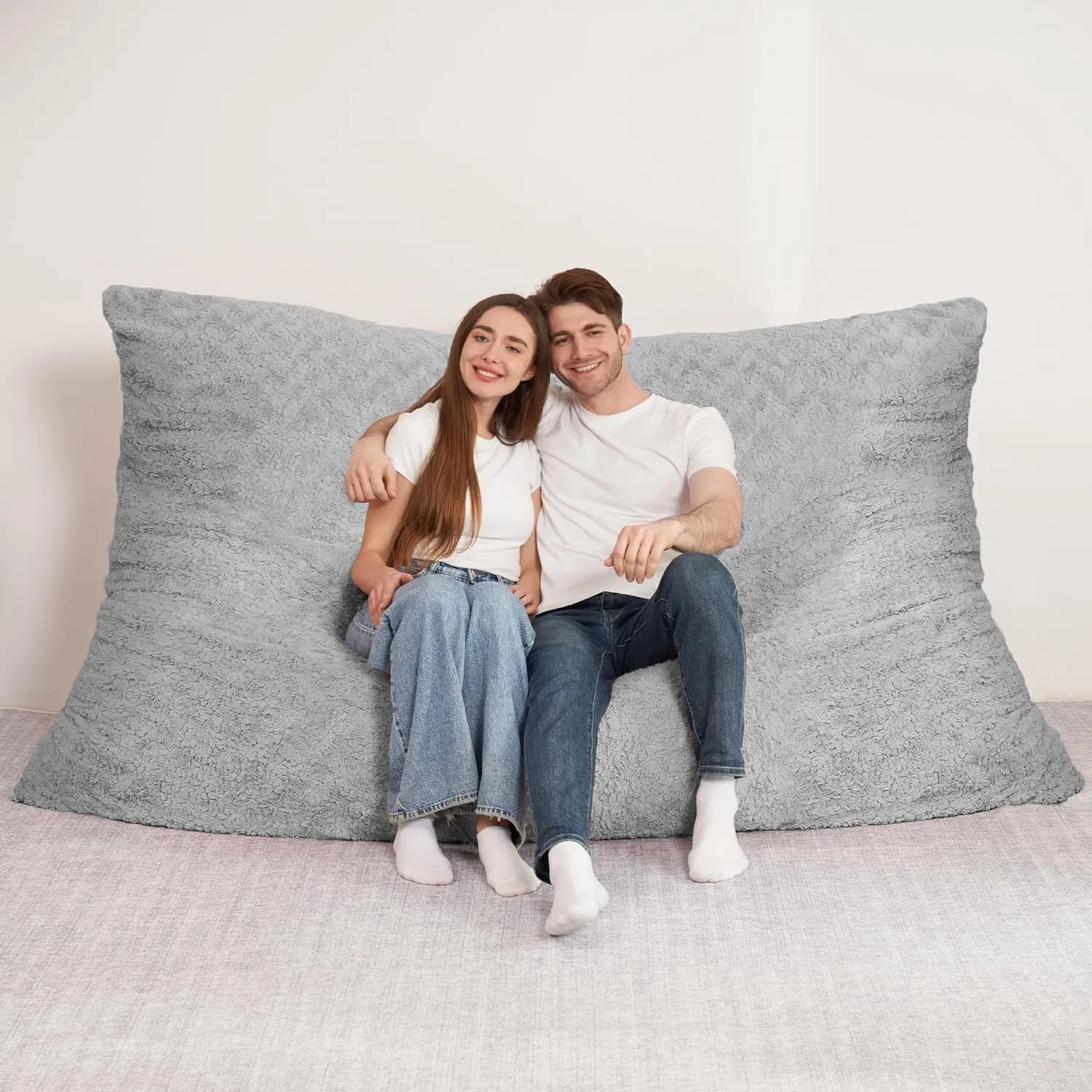 HABUTWAY 4 in 1 Bean Bag Chair, Giant Memory Foam Filling Bean Bag Sofa, Adult Bean Bag Chair, Machine Washable Faux Fur Cover, Bean Bag for Adult (Light Grey)