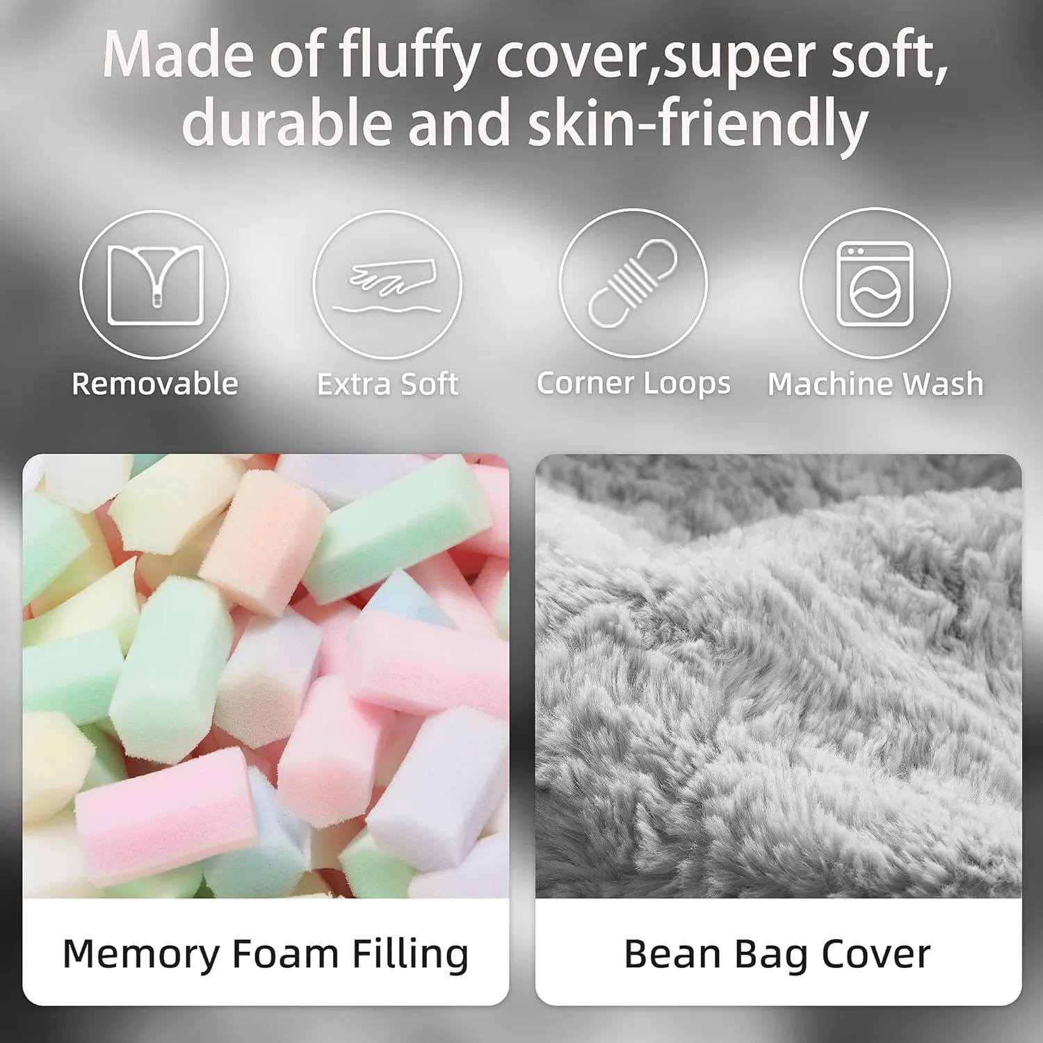 HABUTWAY 4 in 1 Bean Bag Chair, Giant Memory Foam Filling Bean Bag Sofa, Adult Bean Bag Chair, Machine Washable Faux Fur Cover, Bean Bag for Adult (Light Grey)