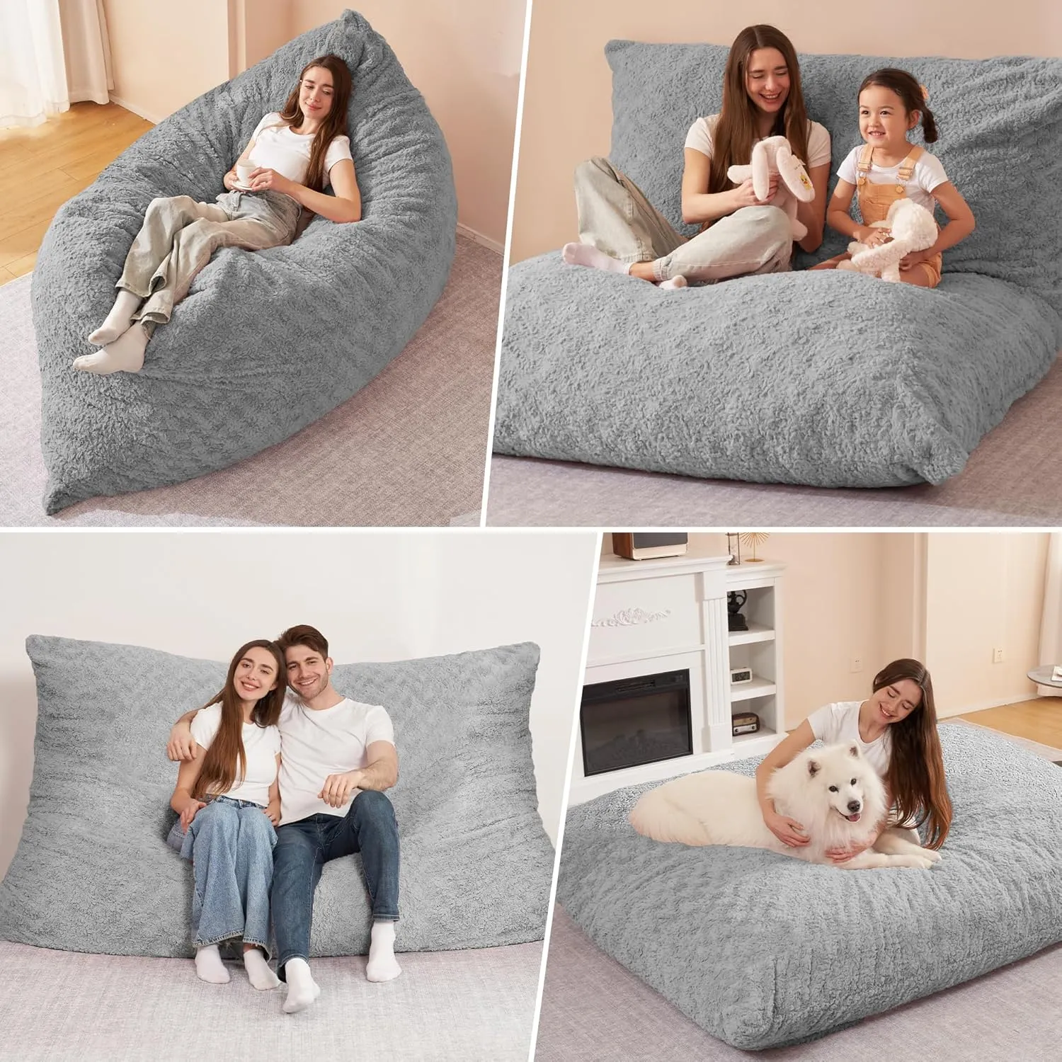 HABUTWAY 4 in 1 Bean Bag Chair, Giant Memory Foam Filling Bean Bag Sofa, Adult Bean Bag Chair, Machine Washable Faux Fur Cover, Bean Bag for Adult (Light Grey)
