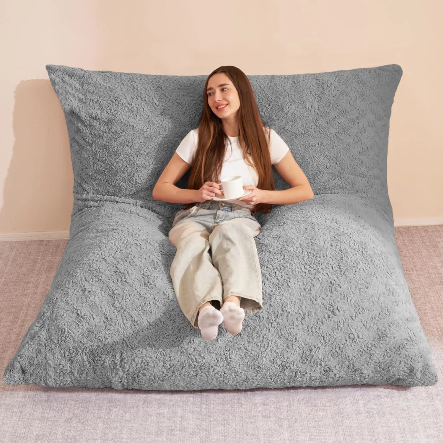 HABUTWAY 4 in 1 Bean Bag Chair, Giant Memory Foam Filling Bean Bag Sofa, Adult Bean Bag Chair, Machine Washable Faux Fur Cover, Bean Bag for Adult (Light Grey)