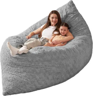 HABUTWAY 4 in 1 Bean Bag Chair, Giant Memory Foam Filling Bean Bag Sofa, Adult Bean Bag Chair, Machine Washable Faux Fur Cover, Bean Bag for Adult (Light Grey)
