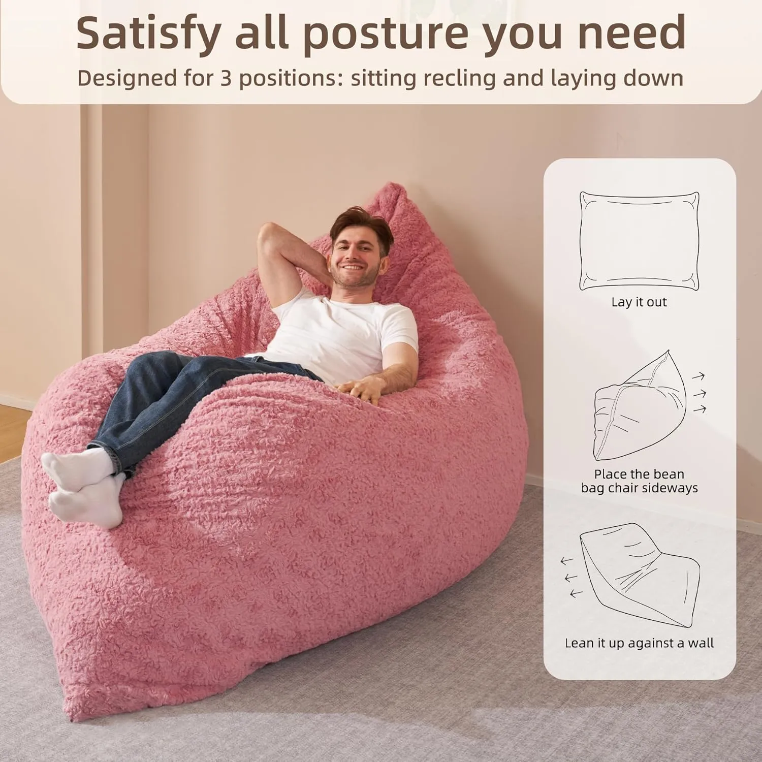 HABUTWAY 4 in 1 Bean Bag Chair, Giant Memory Foam Filling Bean Bag Sofa, Adult Bean Bag Chair, Machine Washable Faux Fur Cover, Bean Bag for Adult (Pink)