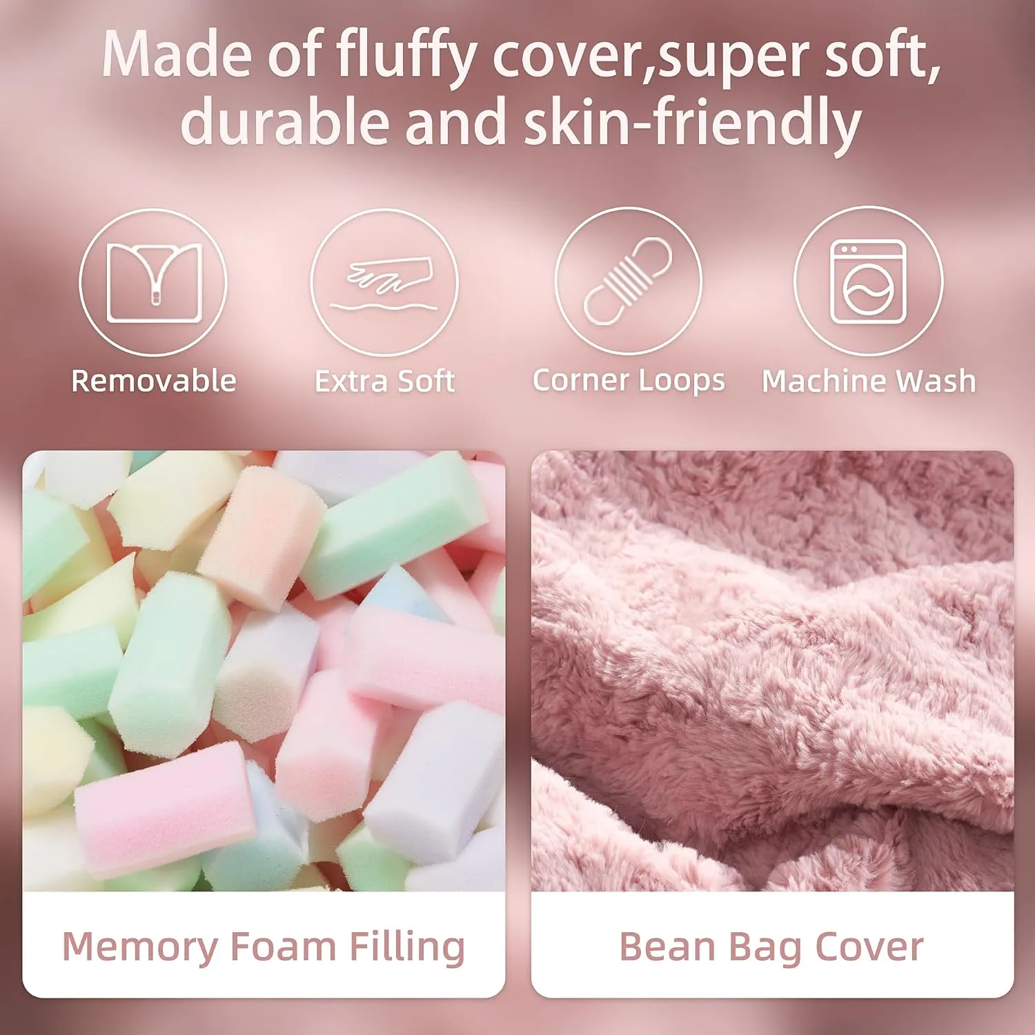 HABUTWAY 4 in 1 Bean Bag Chair, Giant Memory Foam Filling Bean Bag Sofa, Adult Bean Bag Chair, Machine Washable Faux Fur Cover, Bean Bag for Adult (Pink)